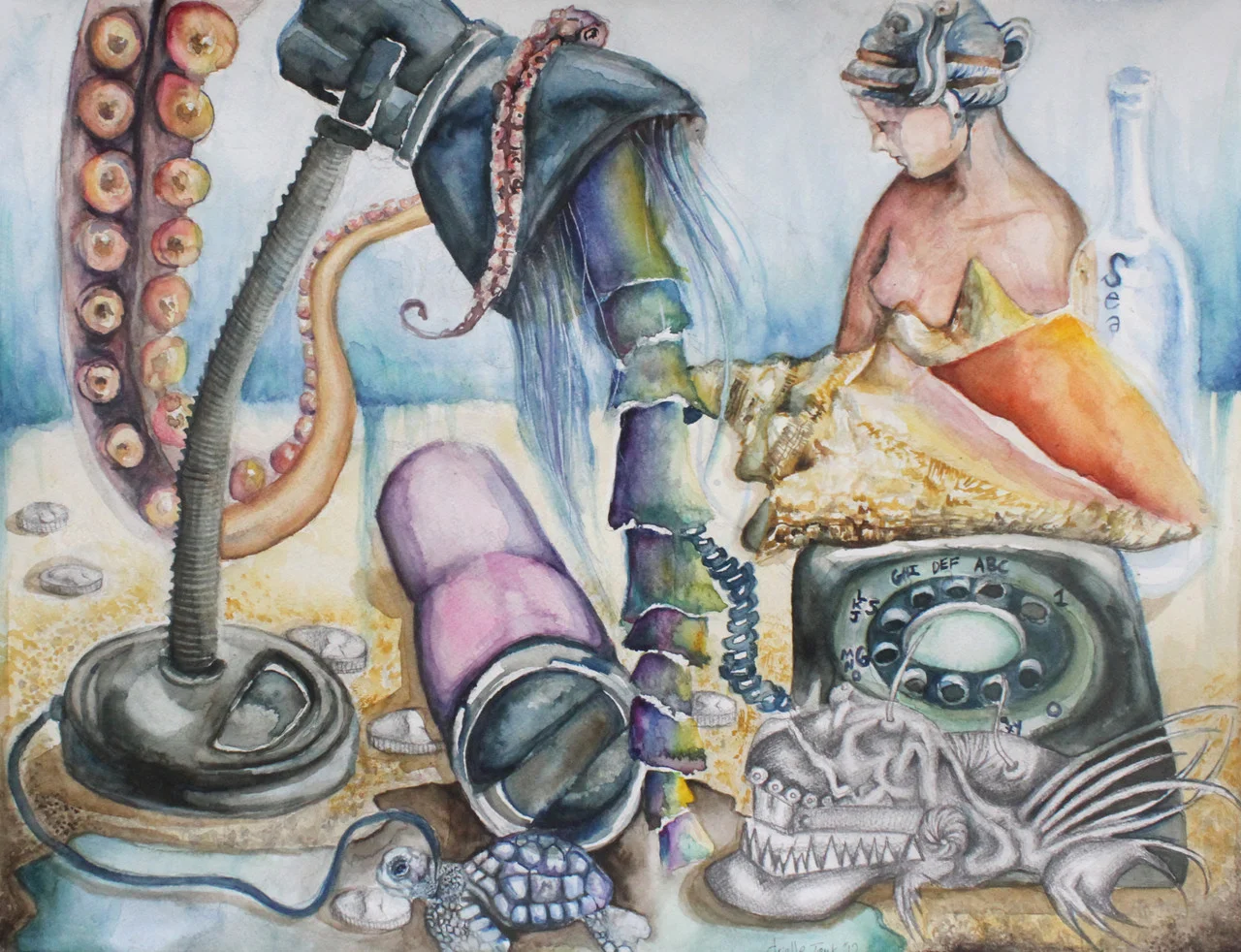 This piece shows two opposing, yet colliding worlds, man made and natural, with a focus on sea life. I combined jellyfish with a lamp as they both create light. The phone is connected to a seashell, because both are associated with sound, and voice.…