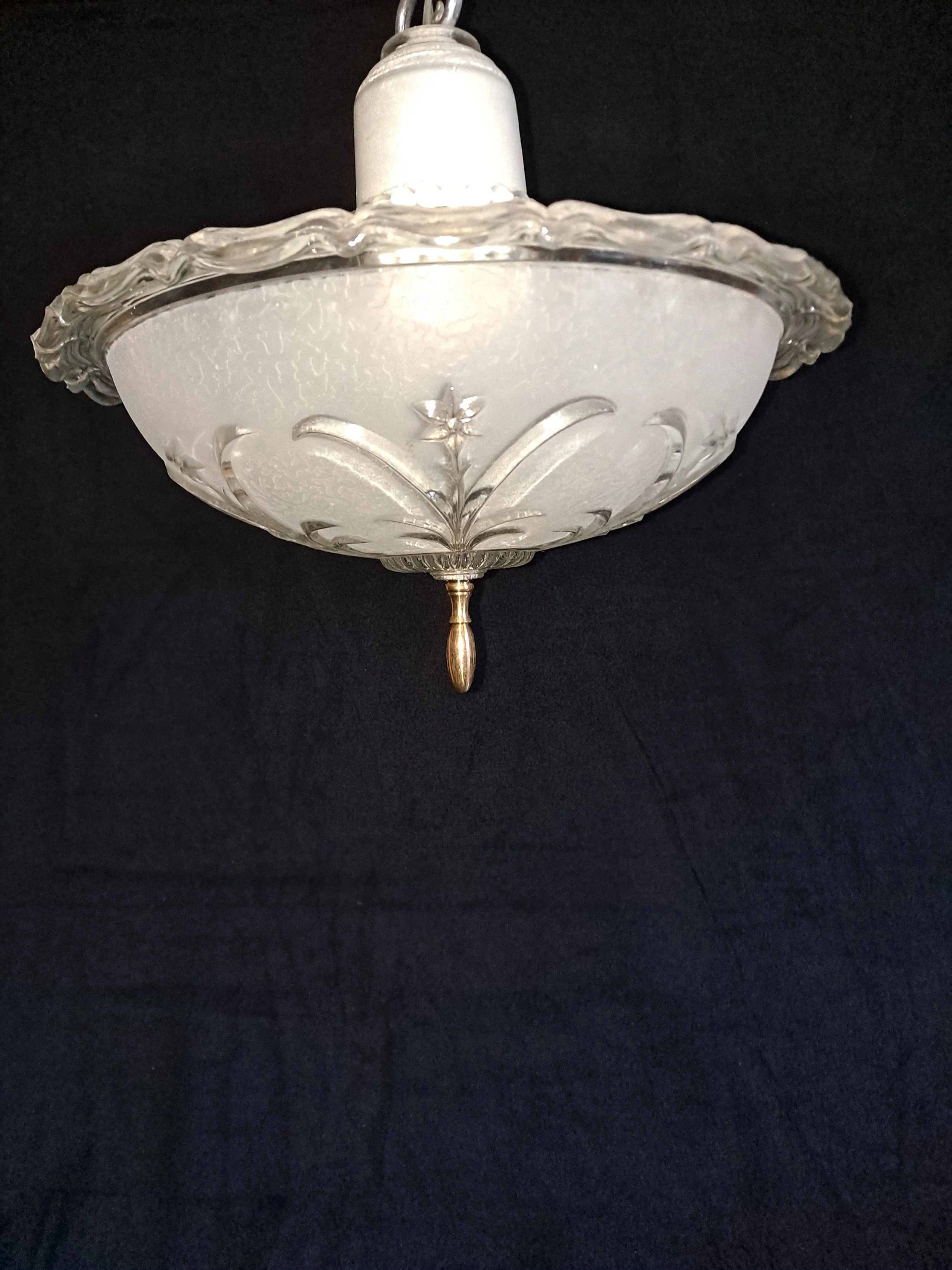 Vintage refurbished single socket hanging light 12 inches wide  frosted glass shade
