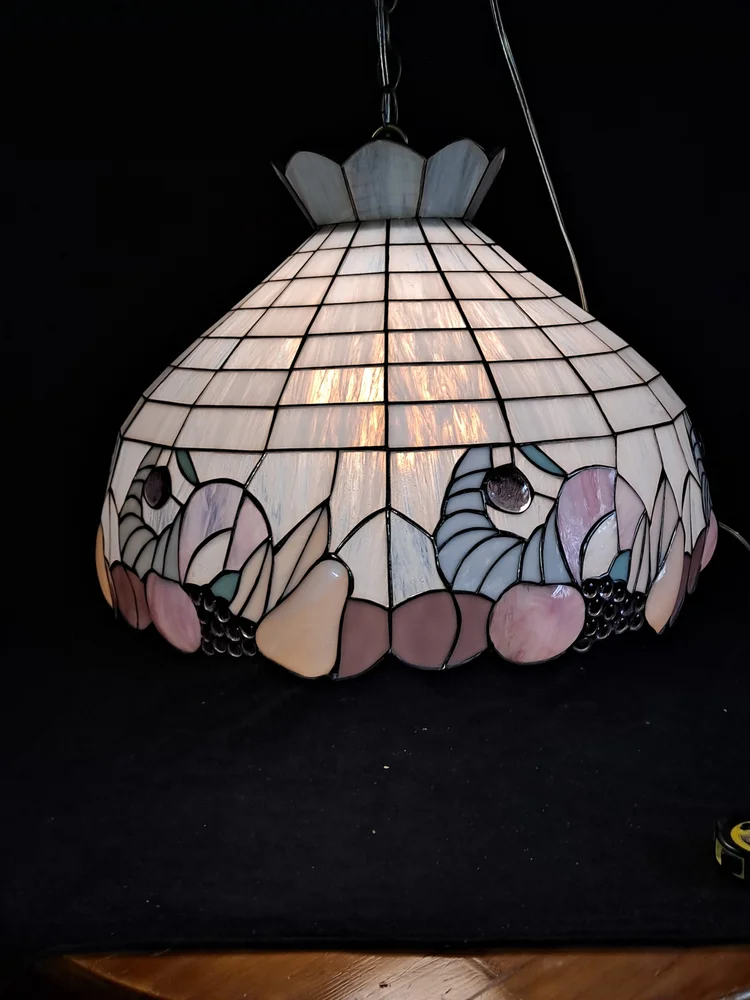 Vintage Stained Glass Hanging Lamp 1980s Cornucopia Fruit Motifs