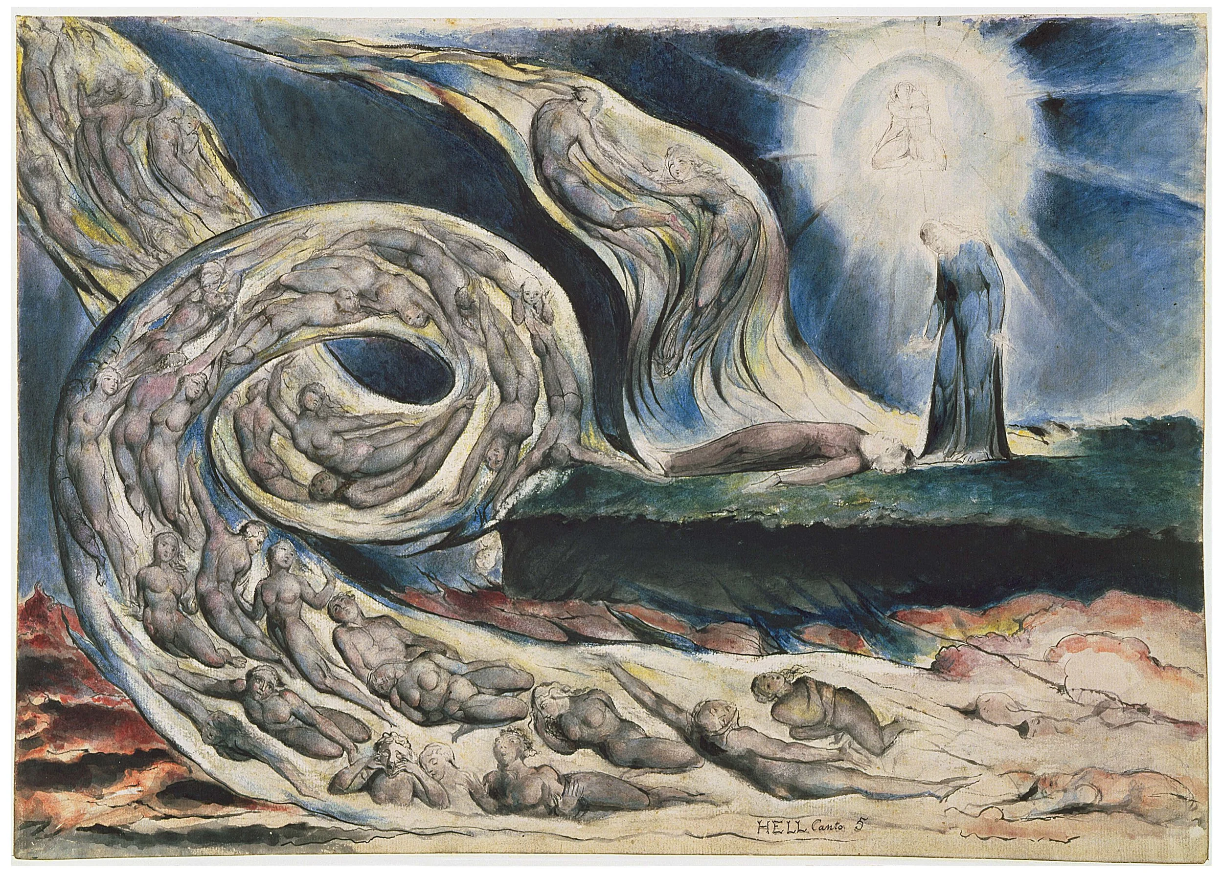 "The Circle of the Lustful" (William Blake) - Ilustração do 2o Círculo do Inferno, representado no Canto V, onde estão os amantes Francesca da Rimini e Paolo Malatesta. 