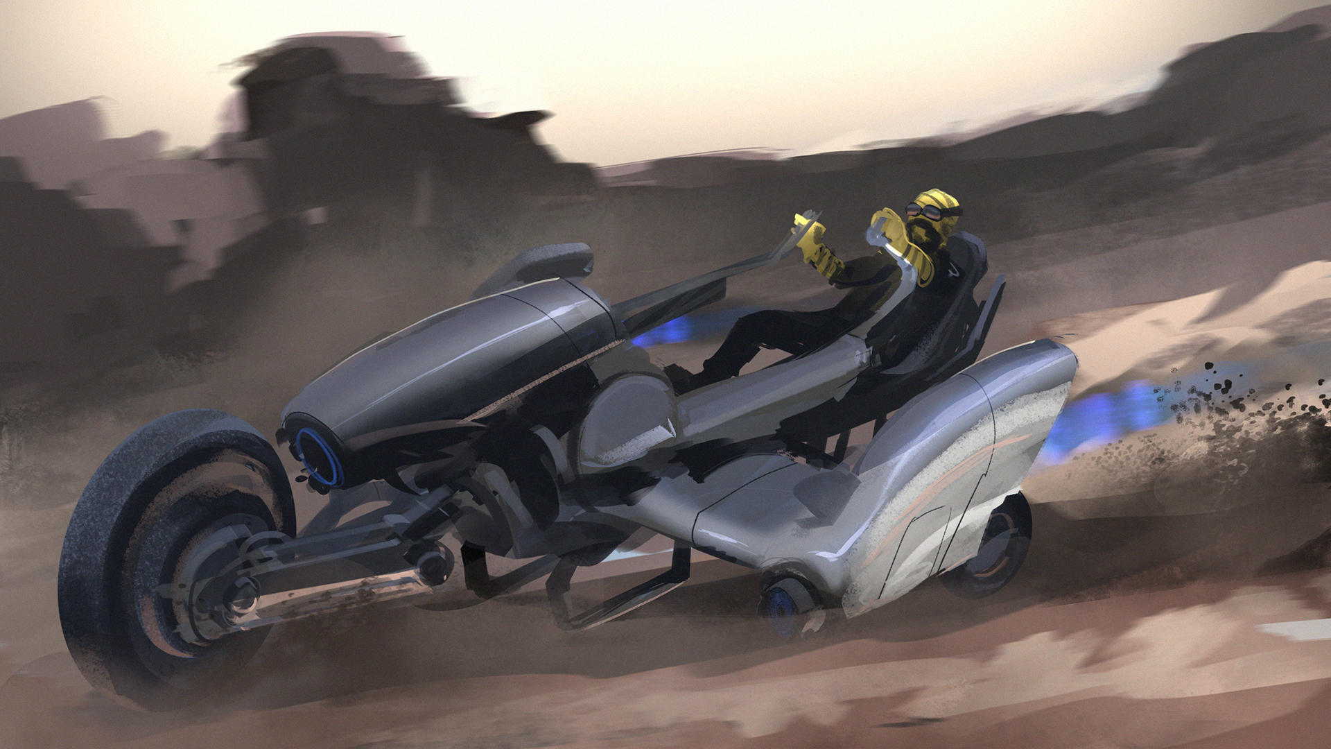 "Tiger stripped alien riding a scifi wheelbarrow"