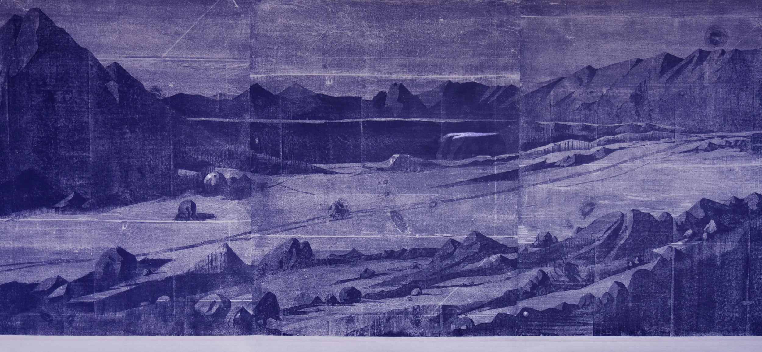   View of a Foundation for a Wind Turbine, Texas Panhandle (2).&nbsp; Woodblock Print.&nbsp;51 x 114 inches. 2017 