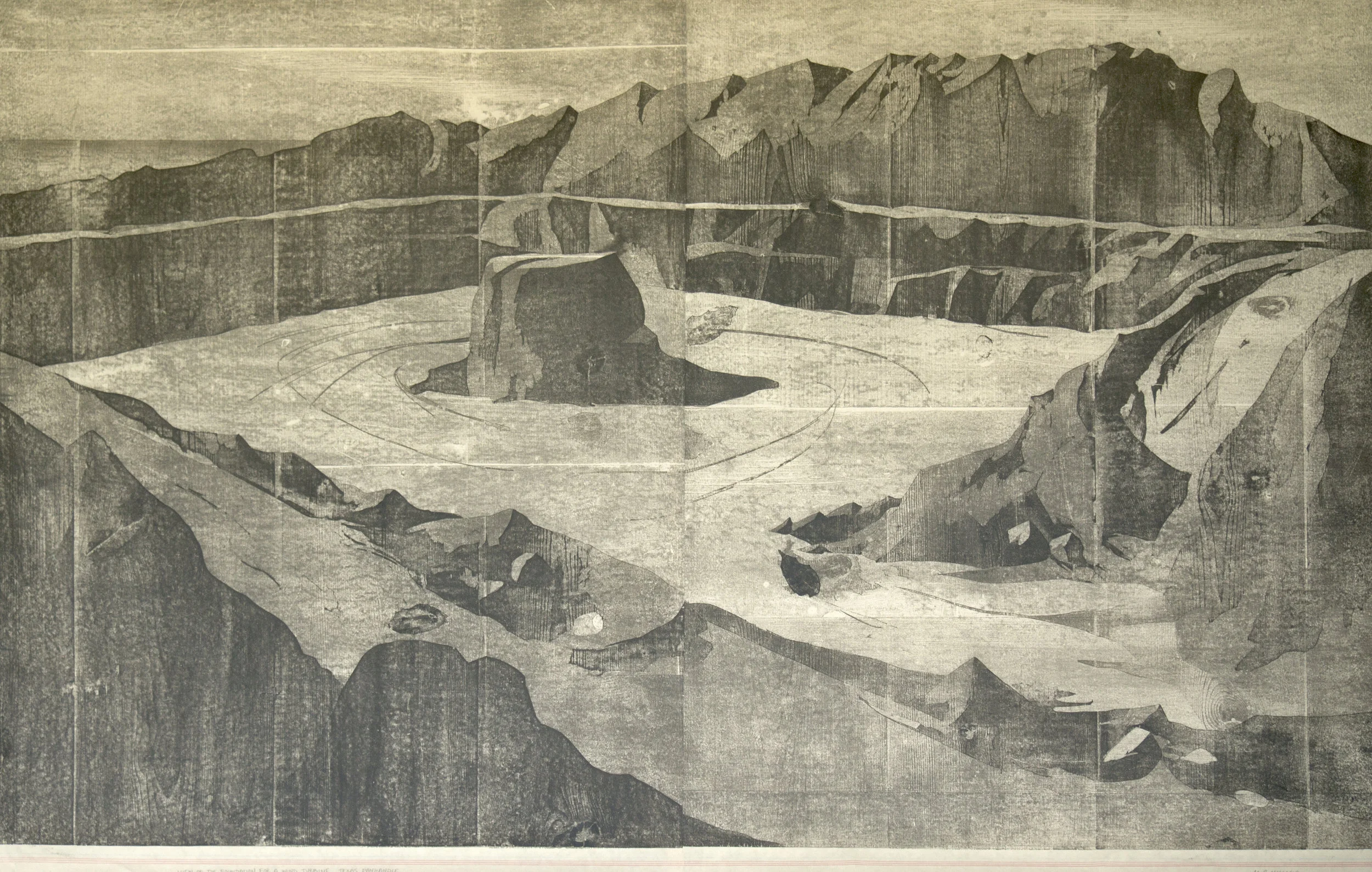   View of the Foundation for a Wind Turbine, Texas Panhandle (1).&nbsp; Woodblock Print. 48 x 76 inches. 2017 