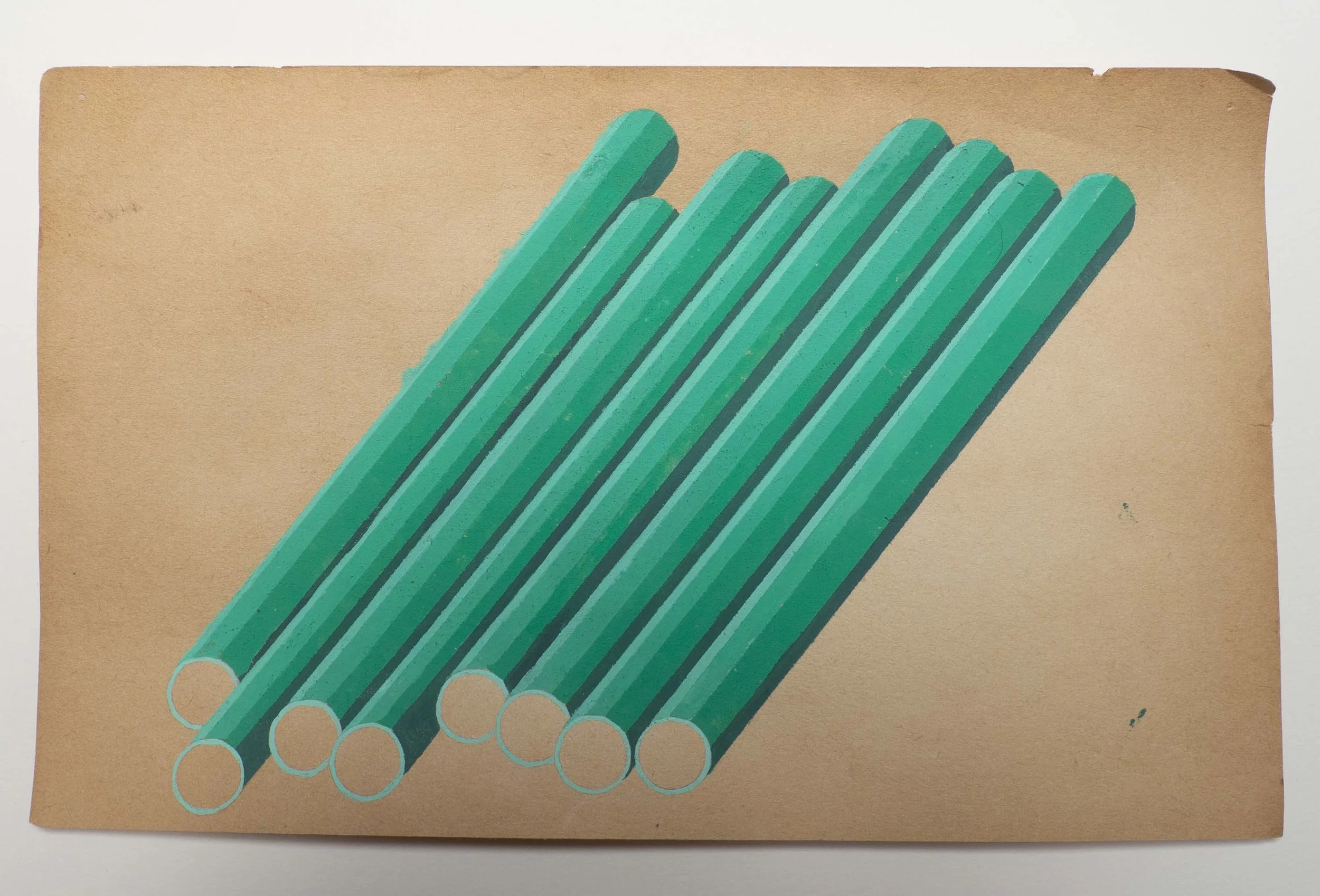   Pipes.  Acrylic gouache on found paper. 5 x 8 inches.  2018 