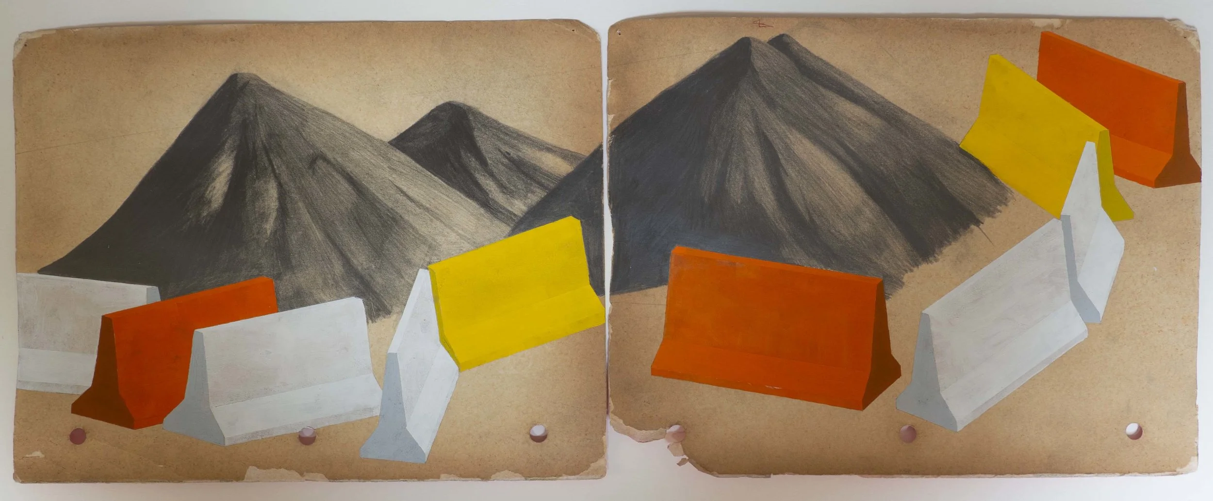   Mountains with Jersey Dividers.  Graphite and acrylic gouache on found paper. 8 1/2 x 22 inches. 2018 
