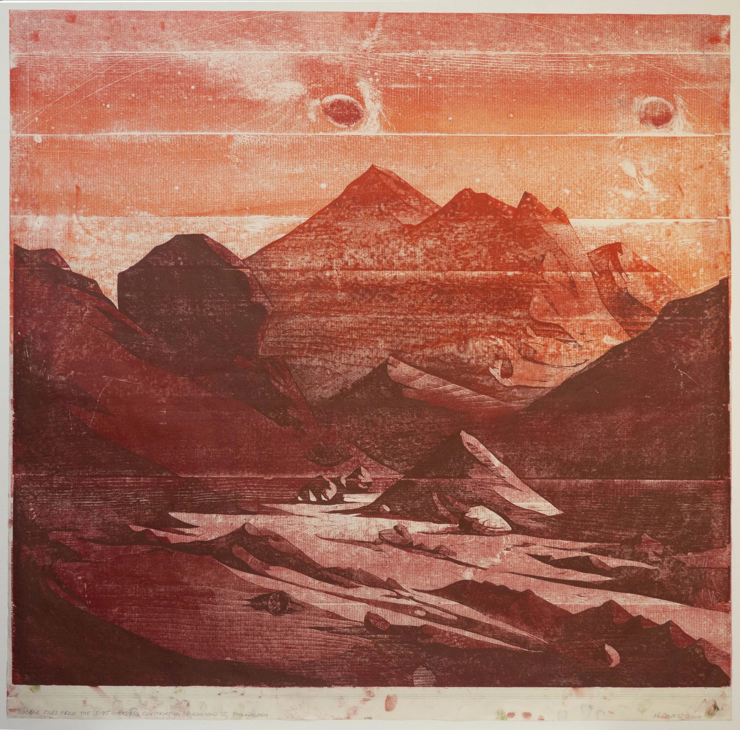   Rubble Piles from the I95 Onramp Construction at Richmond Street, Philadelphia, Pennsylvania.&nbsp; Woodblock Print. 38 x 38 inches. 2017 