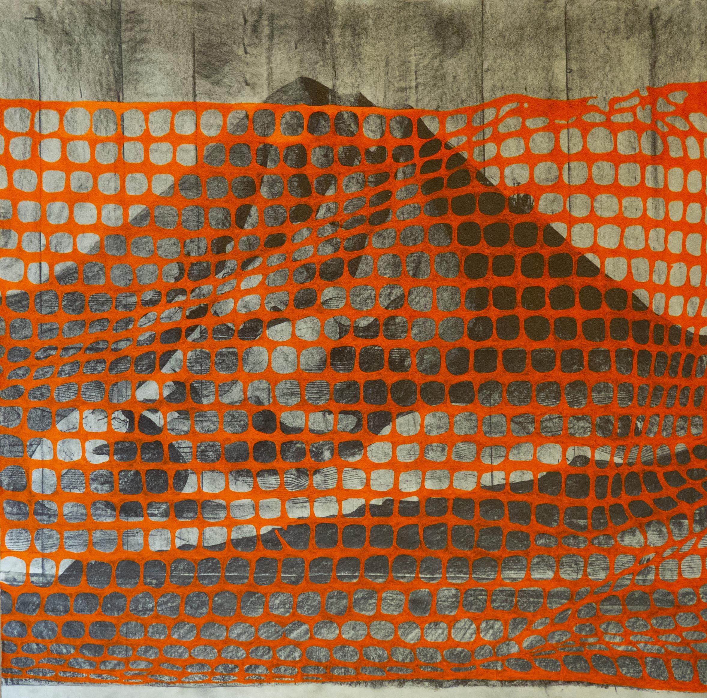 Mountain Behind a Fence. Acryla gouache on woodblock rubbing. 47 x 46 inches