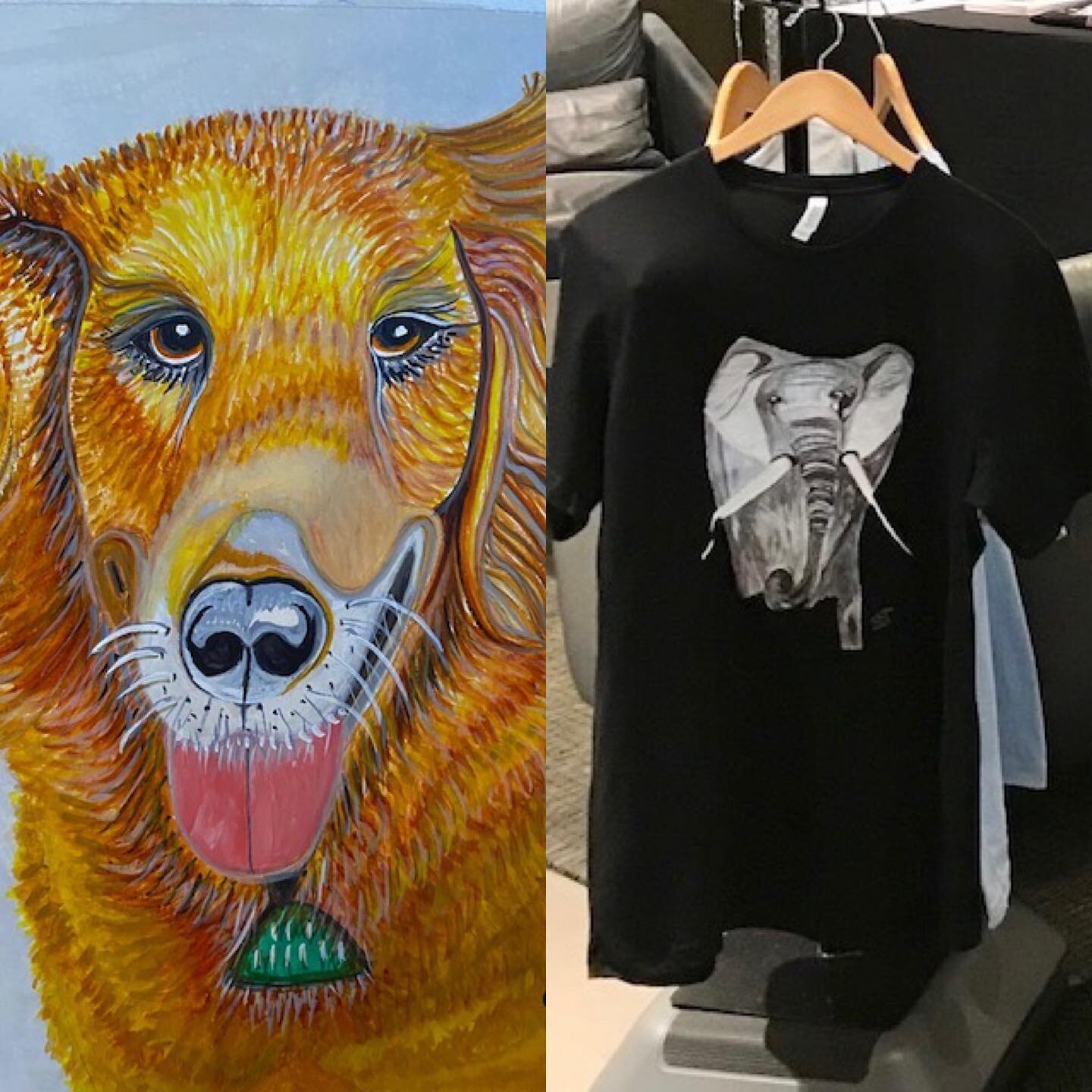 Treat your Father on Fathers Day, a commissioned painting 🖼 of his favorite dog and an elephant T-shirt, available in Mens extra large. 
@elephantartbysamanthataylor 
@fathersday 
#fathersdaygiftsideas 
#gifts 
#tshirtslovers 
#elephantsofinstagram 