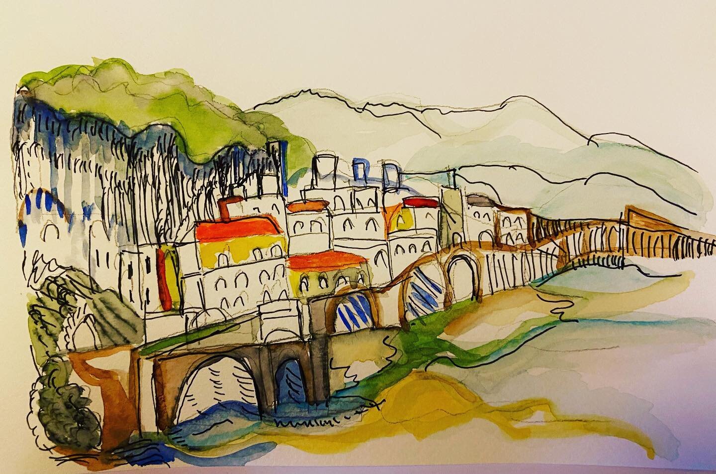 New painting in development from the ships art studio - Amalfi 
@amalficoast_italy 
@elephantartbysamanthataylor 
@italy 
#loveitaly🇮🇹 
#watercolorlandscapes 
#travelingartists 
#europe
#artists
#coastlines