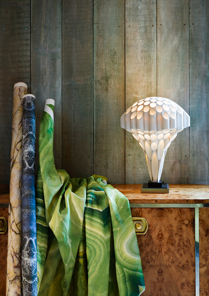 Anna Burns Object, showcases the second textile collection ‘MATTER’ with upholstery of Talisman Bespoke pieces as well as installation in Talisman’s iconic Art Deco flagship showroom. MATTER is an extension of Anna Burns Object’s first textile collection Occhio di Marmo, which was inspired by the style, twists and turns of cult Italian movie thrillers made in the 60’s and 70’s. Talisman’s love of the unique and exceptional in this era mirrors the inspiration of these fabrics. This first collection references the strong geometric form of the movie sets, which are then composed of jewel-coloured textures taken from mineral, matter and hair. MATTER is a series of ‘plain’ prints of stone, marble, and surreal hair, suitable for soft furnishings, curtains and upholstery. 