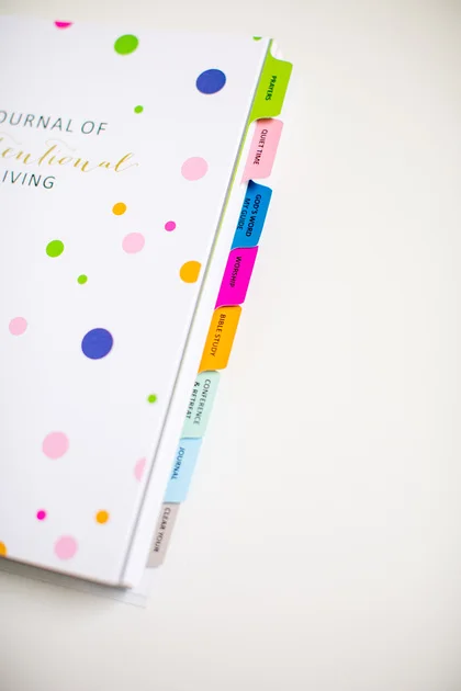 8 Tabs to separate your times with God: Prayers, Quiet Time, Favorite Scripture, Worship, Bible Study, Conference/Retreat, Journal, and Clear Your Mind. All your God moments in ONE place! Throw away your ten different journals! YES!
