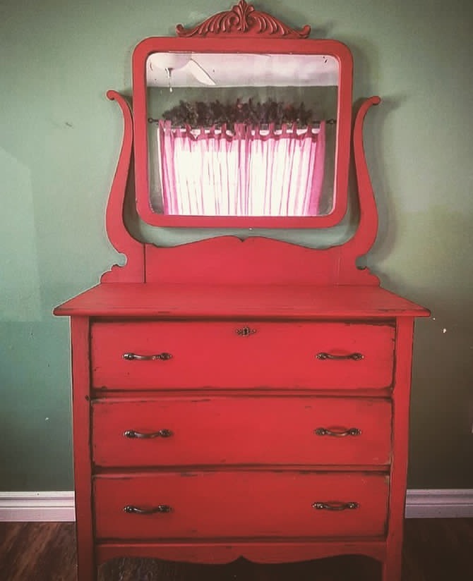 Red Dresser With Mirror Paint Distress