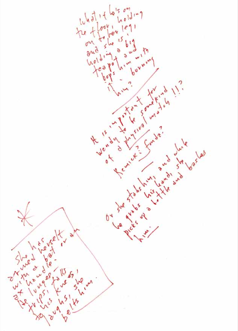 the-overlook-hotel :
Handwritten notes by Stanley Kubrick from his early development of the screenplay for The Shining . His notes describe an encounter between Jack and Wendy, where Wendy injures Jack in an attempt to defend herself. In his distinctive scrawl, Kubrick toys with different ways in which Wendy might injure Jack. These musings ultimately led to the scene in the finished film where Wendy strikes Jack with a baseball bat on the stairs of the Colorado Lounge. Kubrick also considers that Wendy may need to be a physical match for Jack, speculating that actors Lee Remick or Jane Fonda might be possibilities for the role. (Image taken from Stanley Kubrick: New Perspectives )
