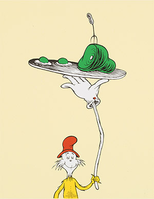 Above are two examples that display Geisel's Surrealistic tendencies.  Top:  A Man Who Has Made an Unwise Purchase   Bottom:   Inside Cover Illustration for Green Eggs and Ham 