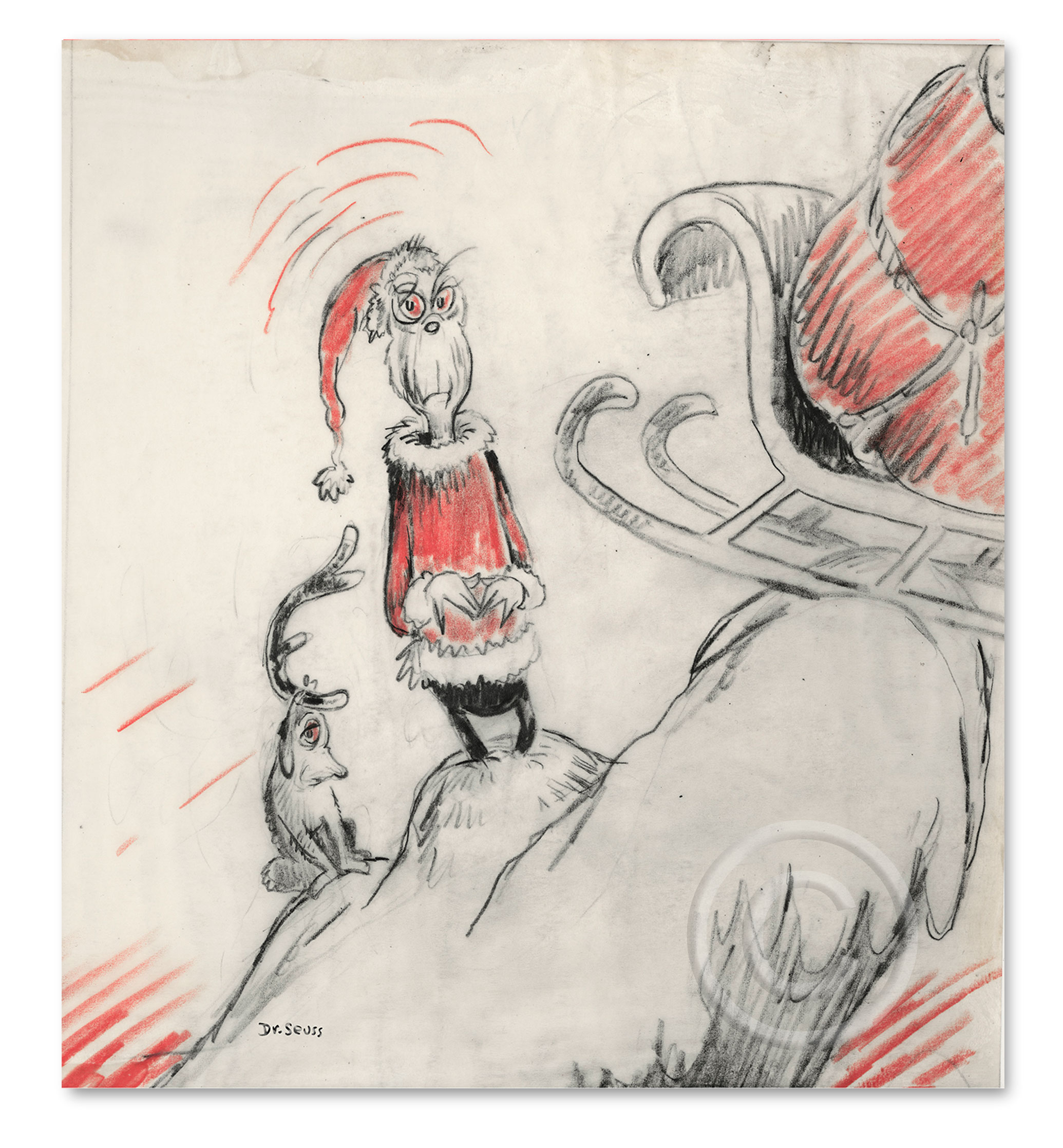 The Grinch 60th Anniversary Mixed-Media Pigment Print on Archival Paper, 29" x 26" with deckled edges Limited Edition of 395 Arabic Numbers, 99 Patrons' Collection, 155 Collaborators' Proofs, 2 Printer's Proofs, and 5 Hors d'Commerce. An additional 60 prints will be specially reserved in commemoration of the 60th anniversary of The Grinch. A limited quantity of prints from the Arabic portion of the edition have been designated as matching numbered suites for these 60th anniversary titles.
