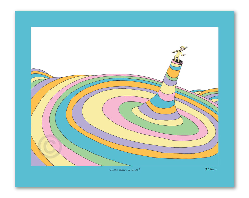 Oh, the Places You'll Go! Cover Illustration Fine art pigment print on acid-free paper with deckled edges, image size: 13" x 17.5", paper size: 16.5" x 20.5" Limited Edition of 2500 prints numbered 1/2500 – 2500/2500, 99 Patrons' Collection prints numbered I/XCIX – XCIX/XCIX, 155 Collaborators' Proofs numbered 1/155 – 155/155, 2 Printer's Proofs numbered PP 1/2 – 2/2 and 5 Hors d'Commerce prints numbered HC 1/5 – HC 5/5.
