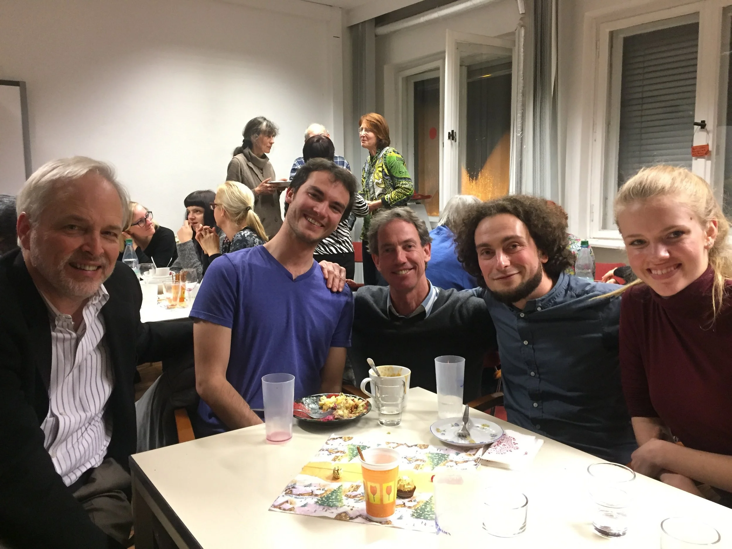 Tom Lloyd, Tom Sternberg HC'17, Jan Dahlgrün (visit organizer for Int. Chor), Eugen Zigutkin (conductor for Int. Chor), Anna Swartzentruber BMC'18