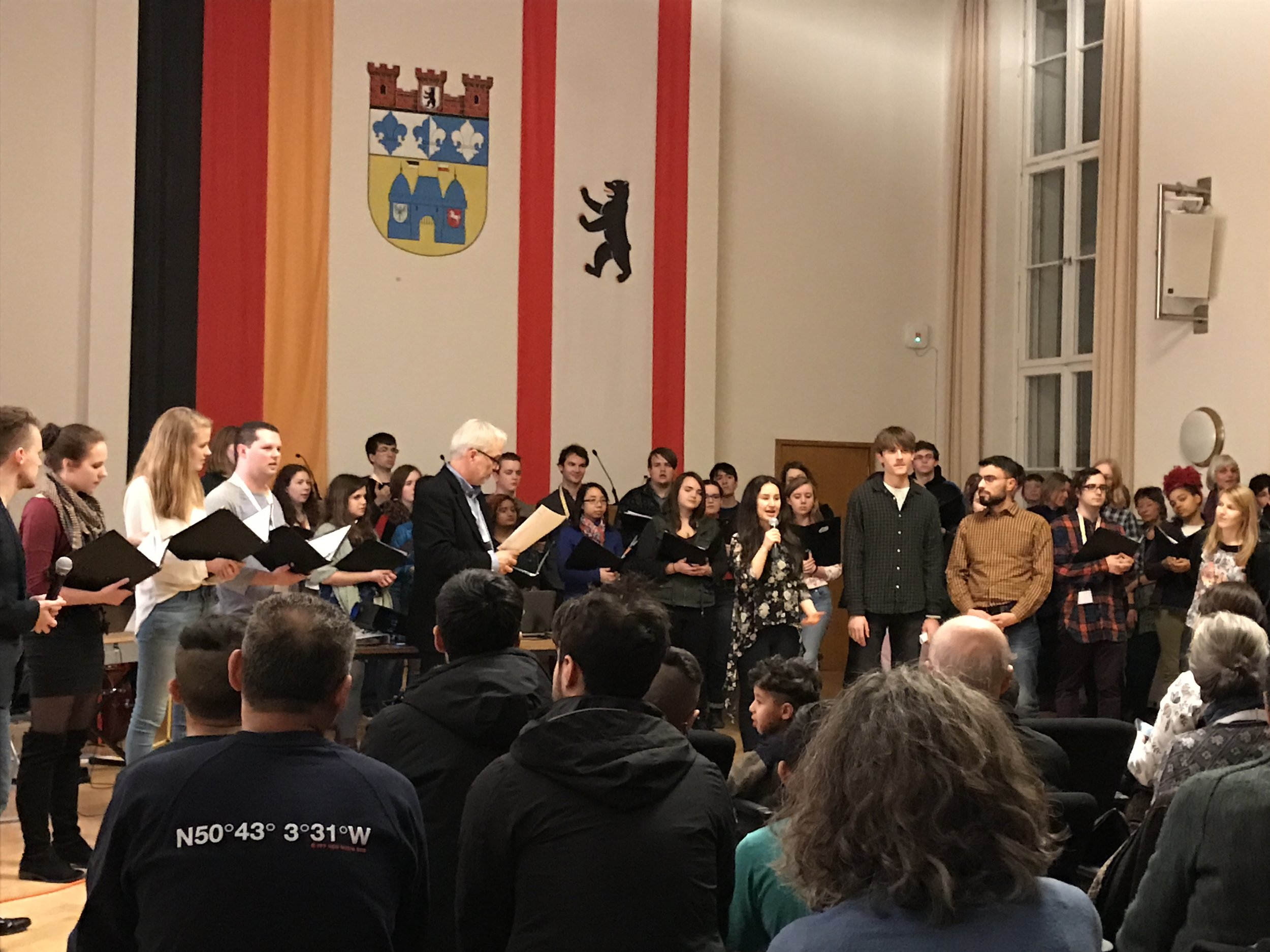 Introductions given in German by Clara Swartzentruber BMC'20, Anna Swartzentruber BMC'18, and Adam Adorney HC'18 and translated by Begegnungschor members into Arabic, Farsi, and Kurdish.