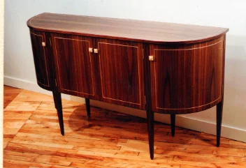 handmade hardwood walnut demi-lune buffet with tapered legs and maple inlay