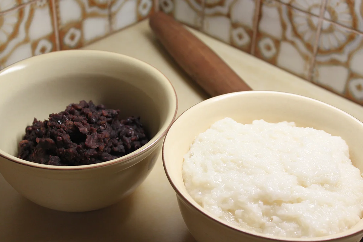 red bean rice caket-square in the kitchen