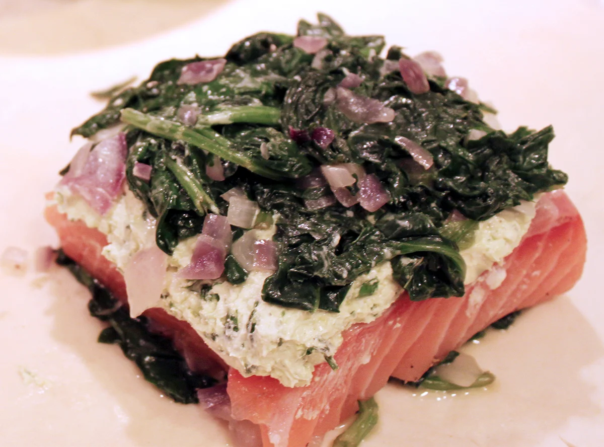 salmon en croute and two side dishestsquare in the kitchen