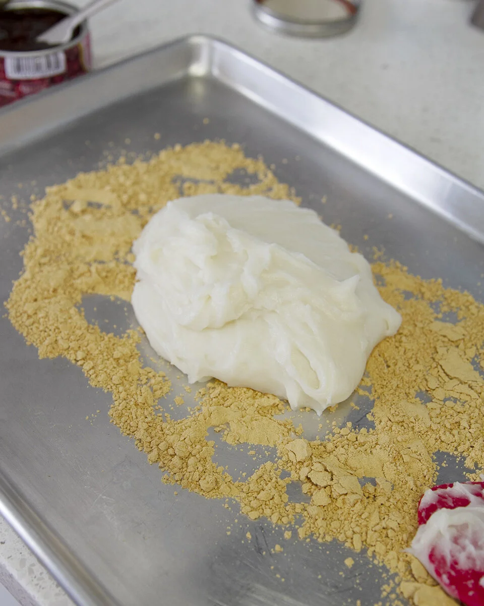 cream & red bean rice caket-square in the kitchen