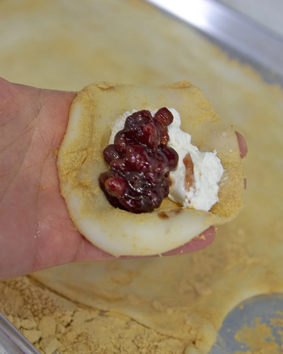 cream & red bean rice caket-square in the kitchen