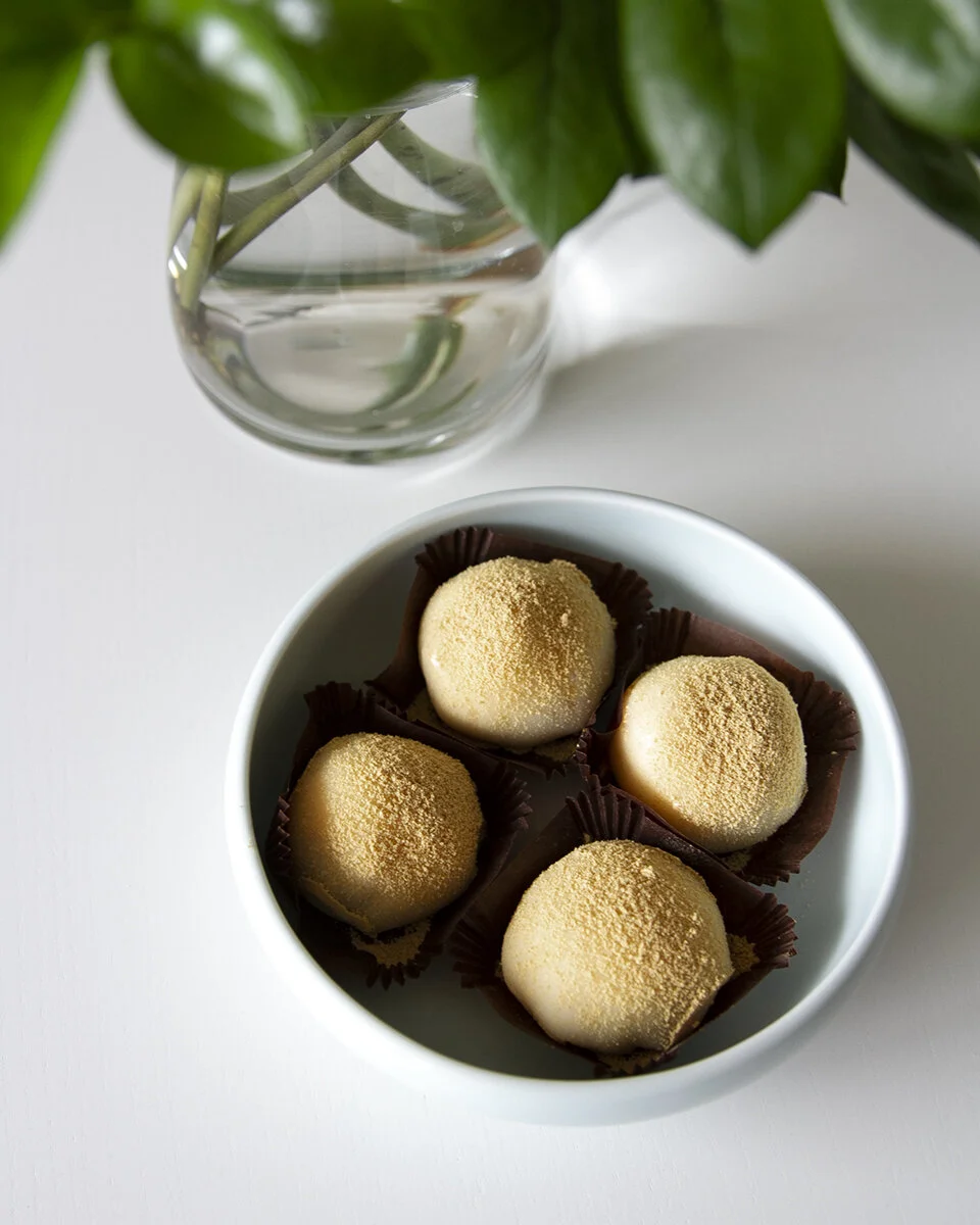 cream & red bean rice caket-square in the kitchen
