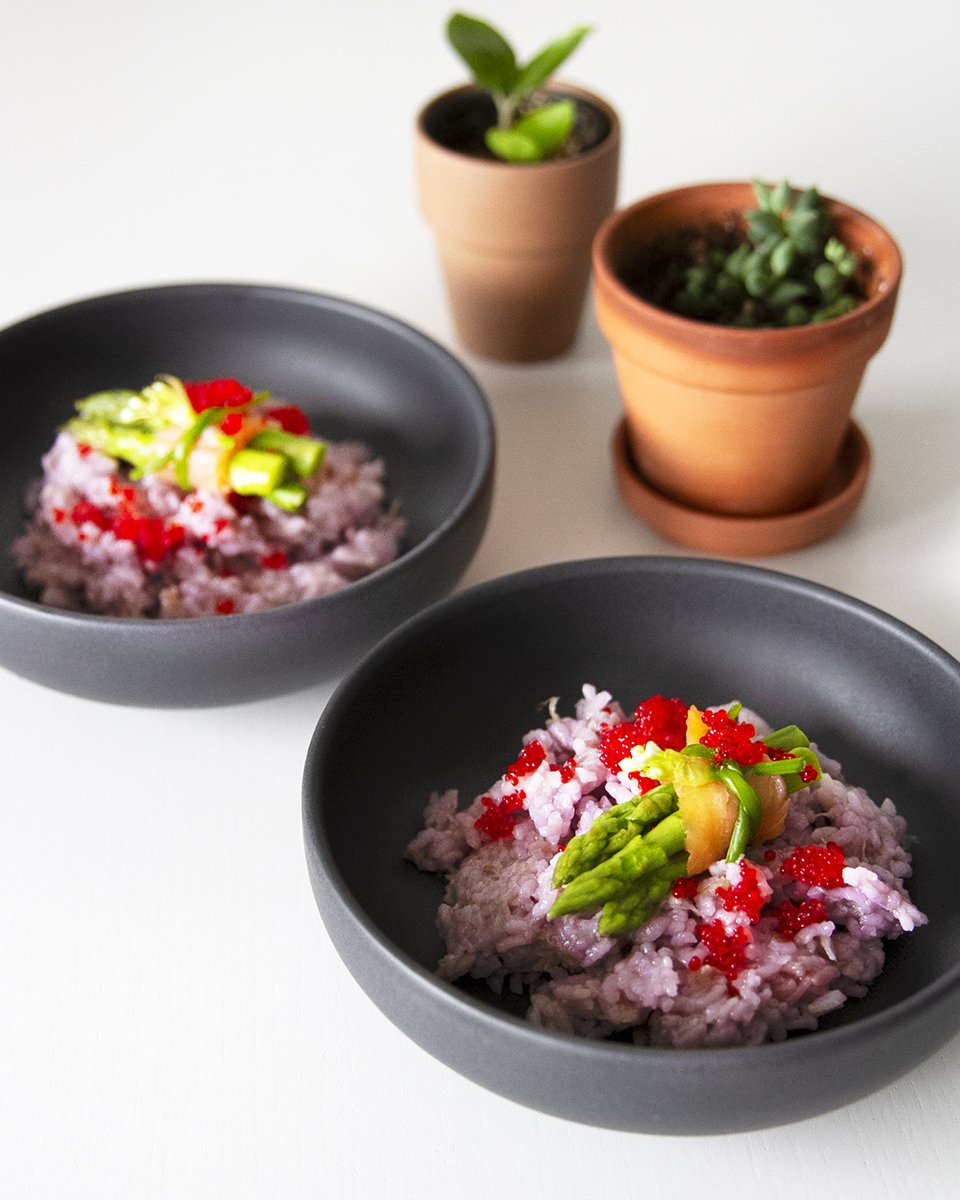 purple cabbage rice w/ salmon wrapped aspragust-square in the kitchen