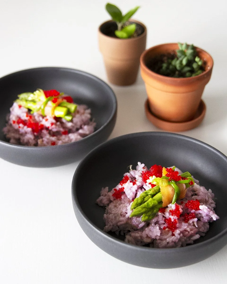 purple cabbage rice w/ salmon wrapped aspragust-square in the kitchen