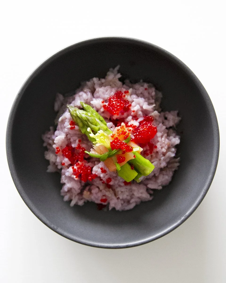 purple cabbage rice w/ salmon wrapped aspragust-square in the kitchen