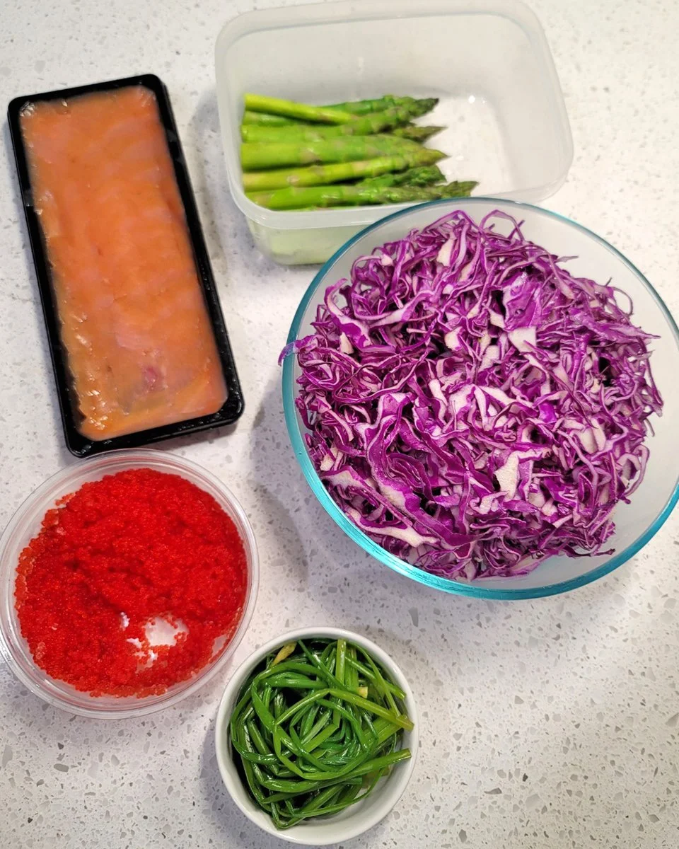 purple cabbage rice w/ salmon wrapped aspragust-square in the kitchen