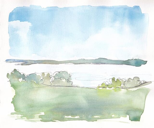 Watercolor view of the Potomac from the east front of George Washington&rsquo;s #mountvernon @bryanmillz and I spent our gorgeously sunny &amp; unexpectedly warm Sunday out on the river under blue skies 💚💙