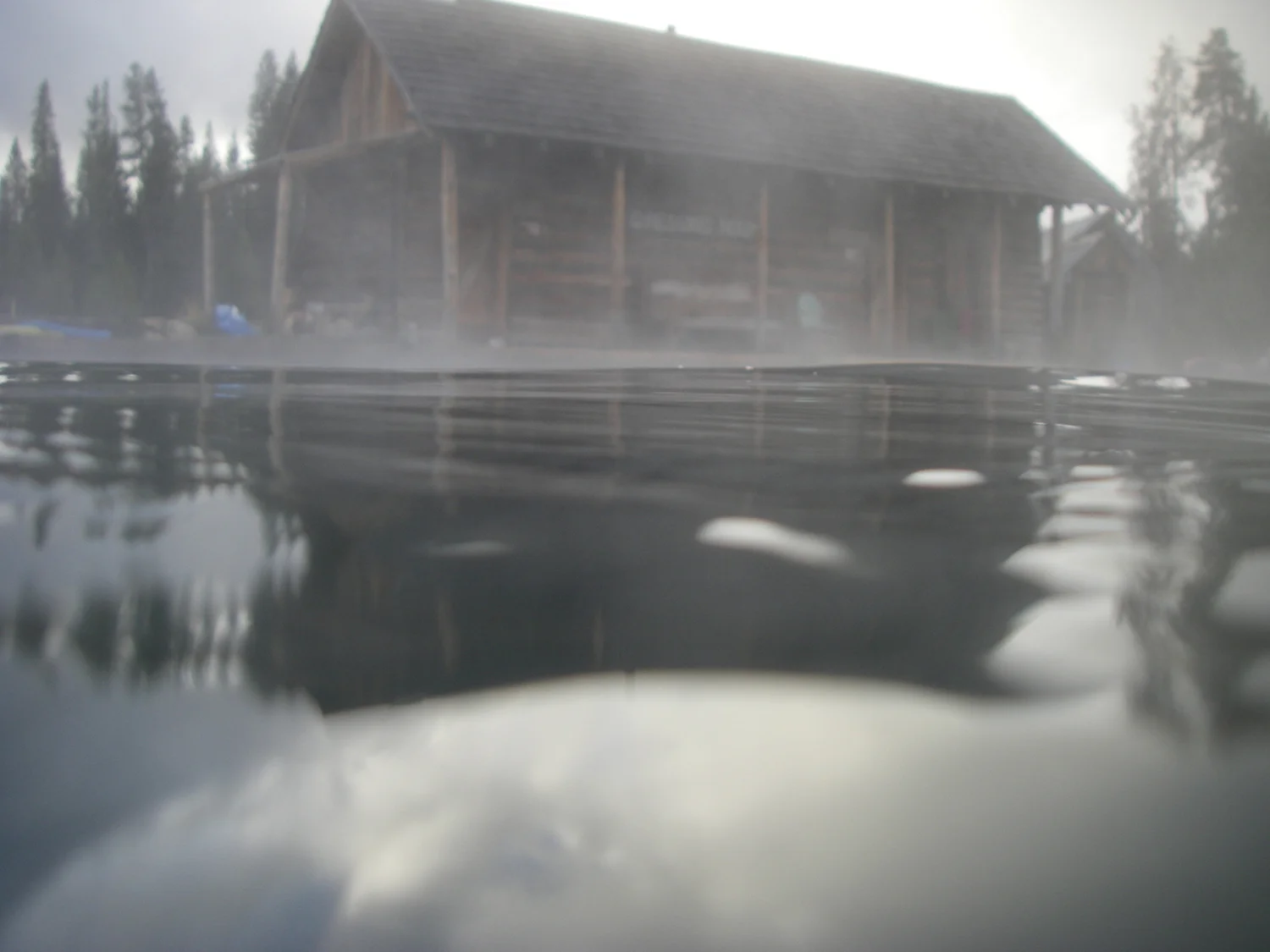 A swimmer's view of the changing rooms at the hot springs. (Image by Emily Benson)
