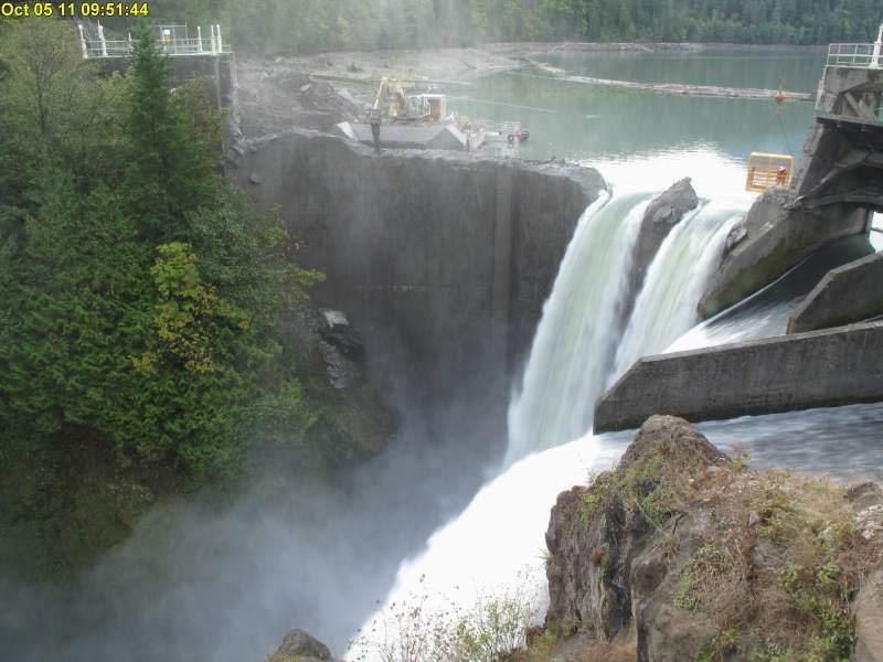 The Elwha Dam in October 2011, about a month after the removal project began. (Image by Sam Beebe via Flickr /Creative Commons license)