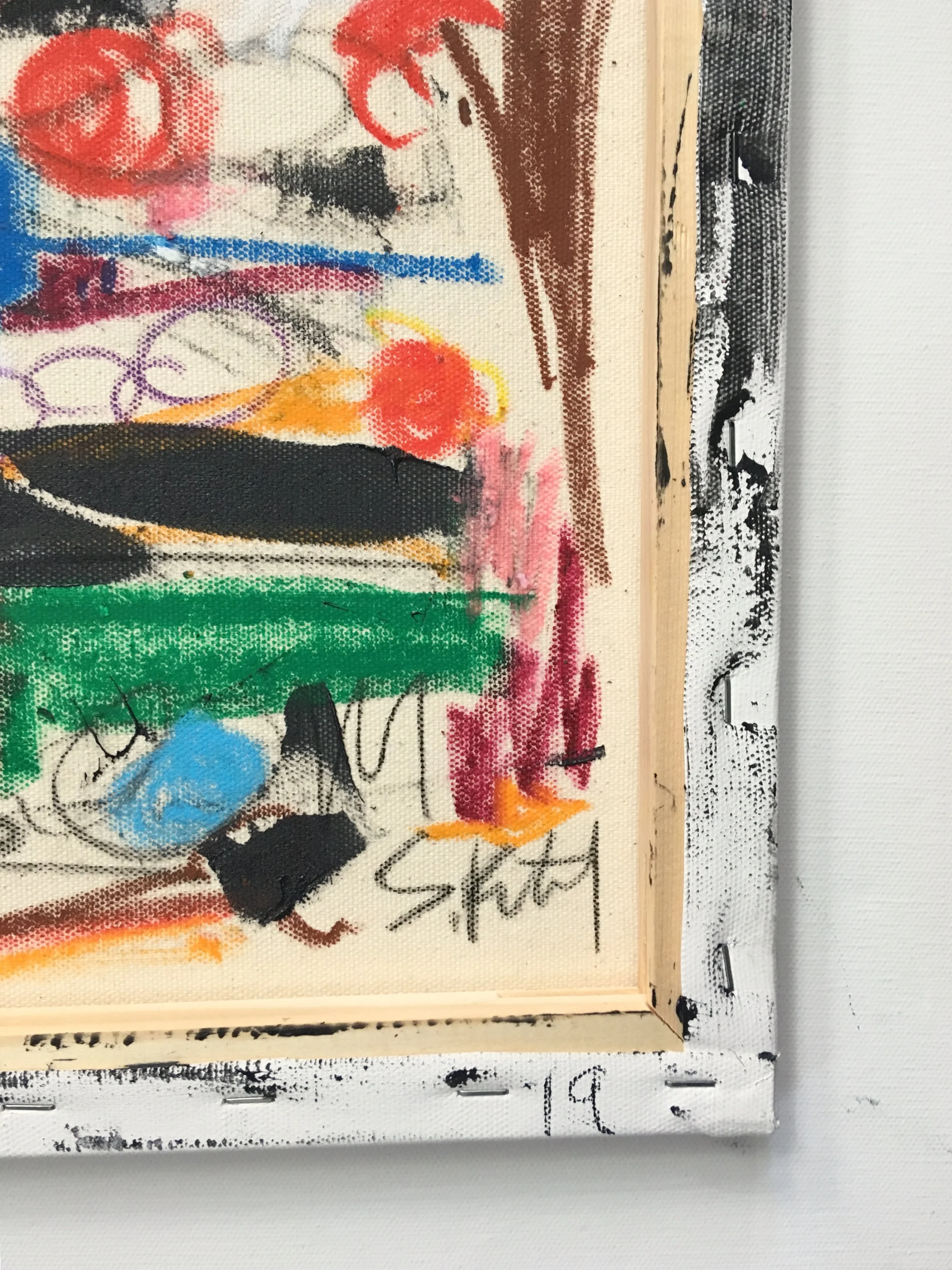 toothpaste, crayon and charcoal on canvas 11” x 14” mounted on a 16” x 20” canvas