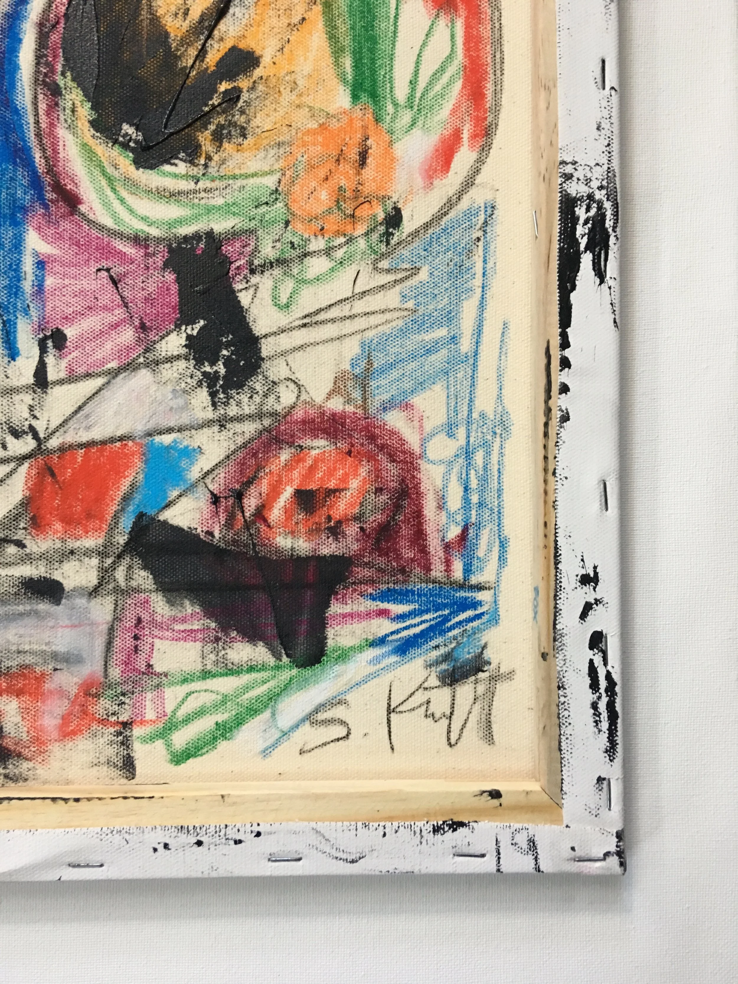 toothpaste, crayon and charcoal on canvas 16” x 20” mounted on 20” x 24” canvas