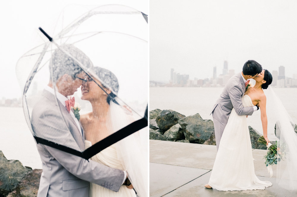 bride and groom with umbrella rainy san francisco bay wedding