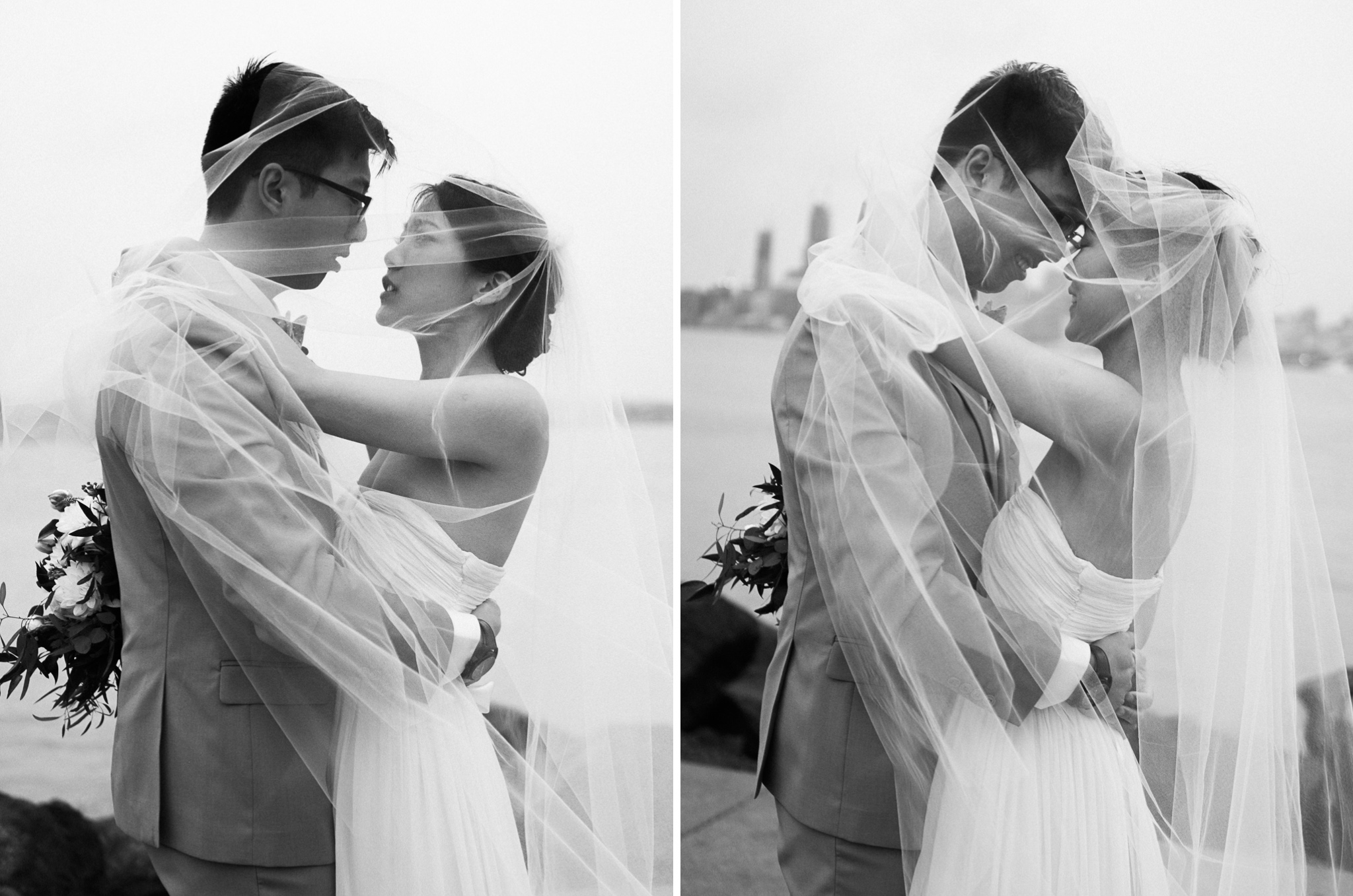 rainy san francisco bay wedding in black and white