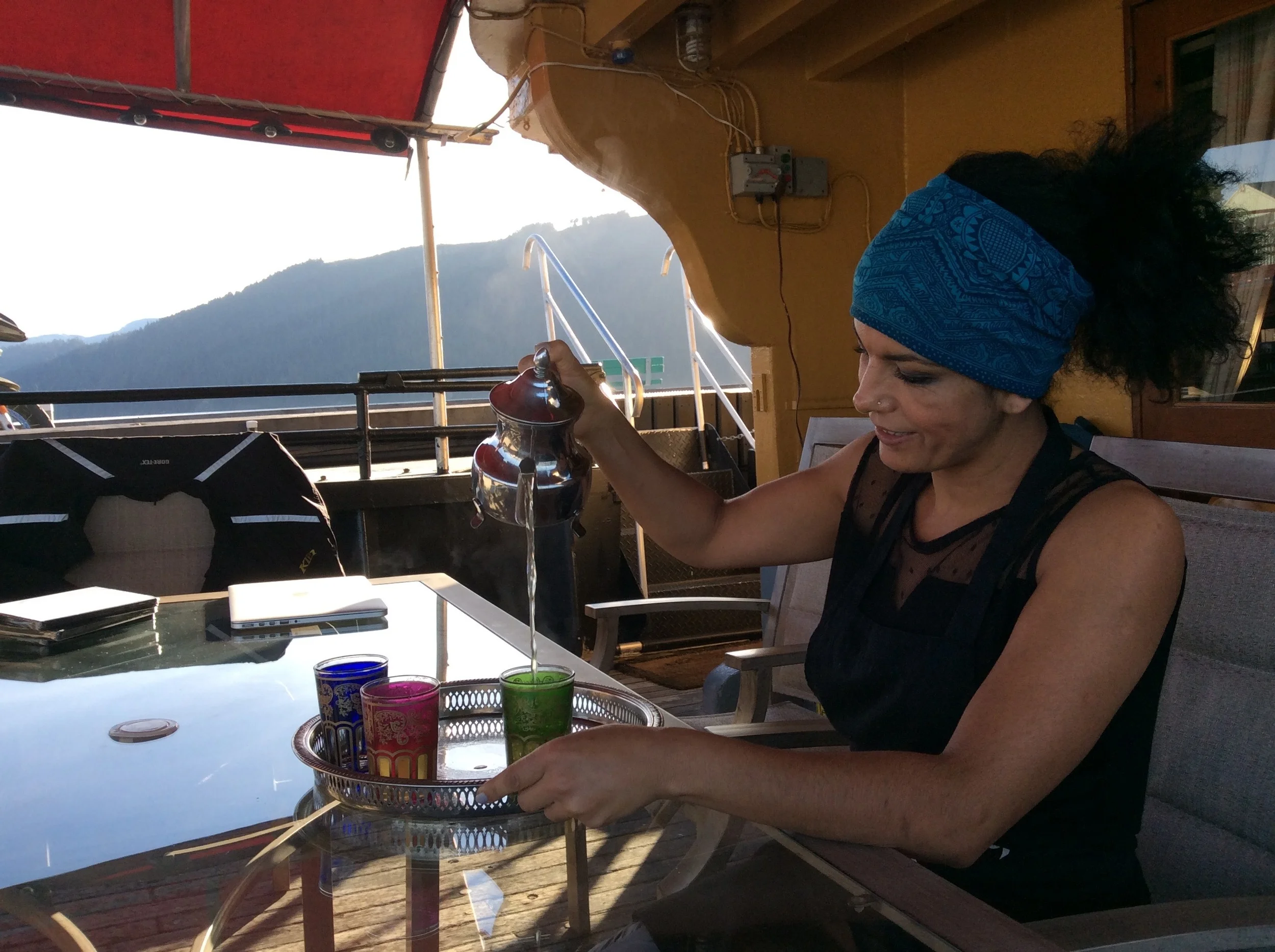 Bouchra pouring some Moroccan tea on the aft deck