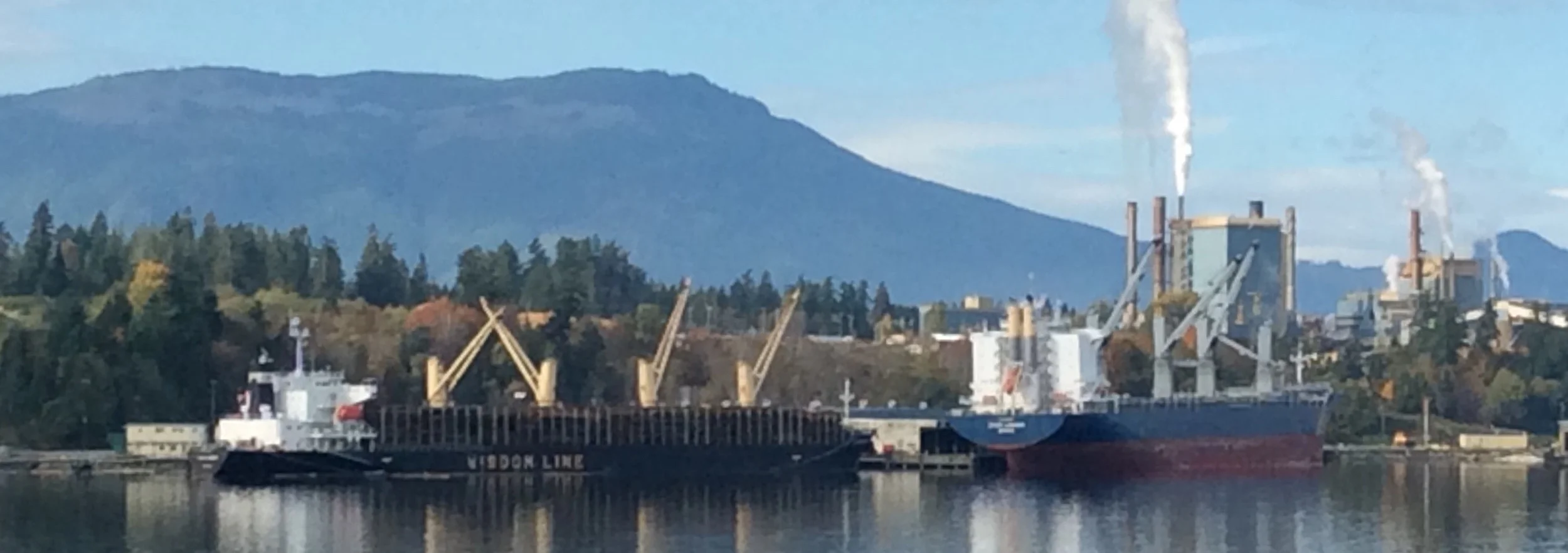 Crofton, Raw Log Exports-Logging tanker on the left with full load, tanker on right waiting to be loaded. Look at the different freeboard on each vessel...how many trees to fill a tanker I wonder?
