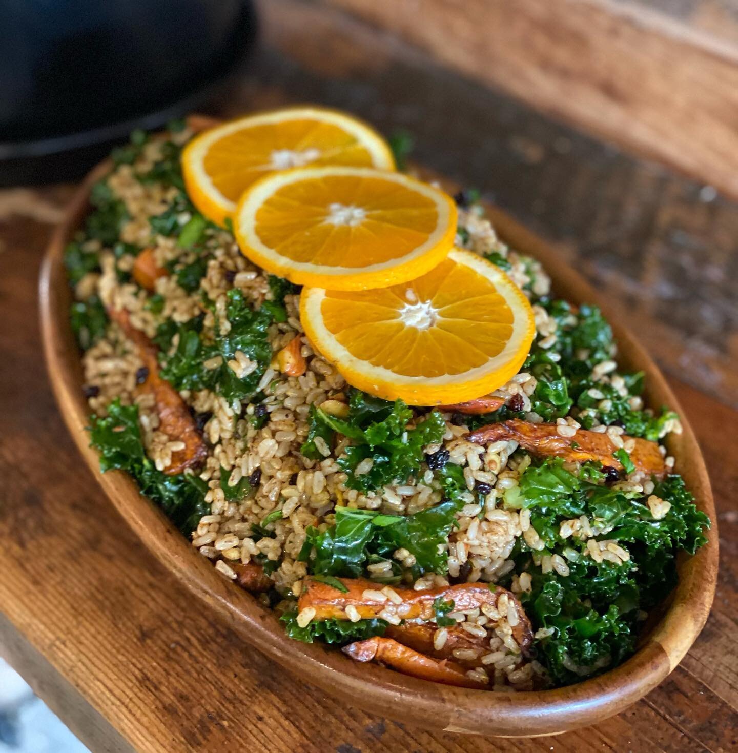 Today&rsquo;s fresh salad&hellip; brown rice with spiced carrot, kale, currants, tamari almonds, herbs and a zesty orange dressing.