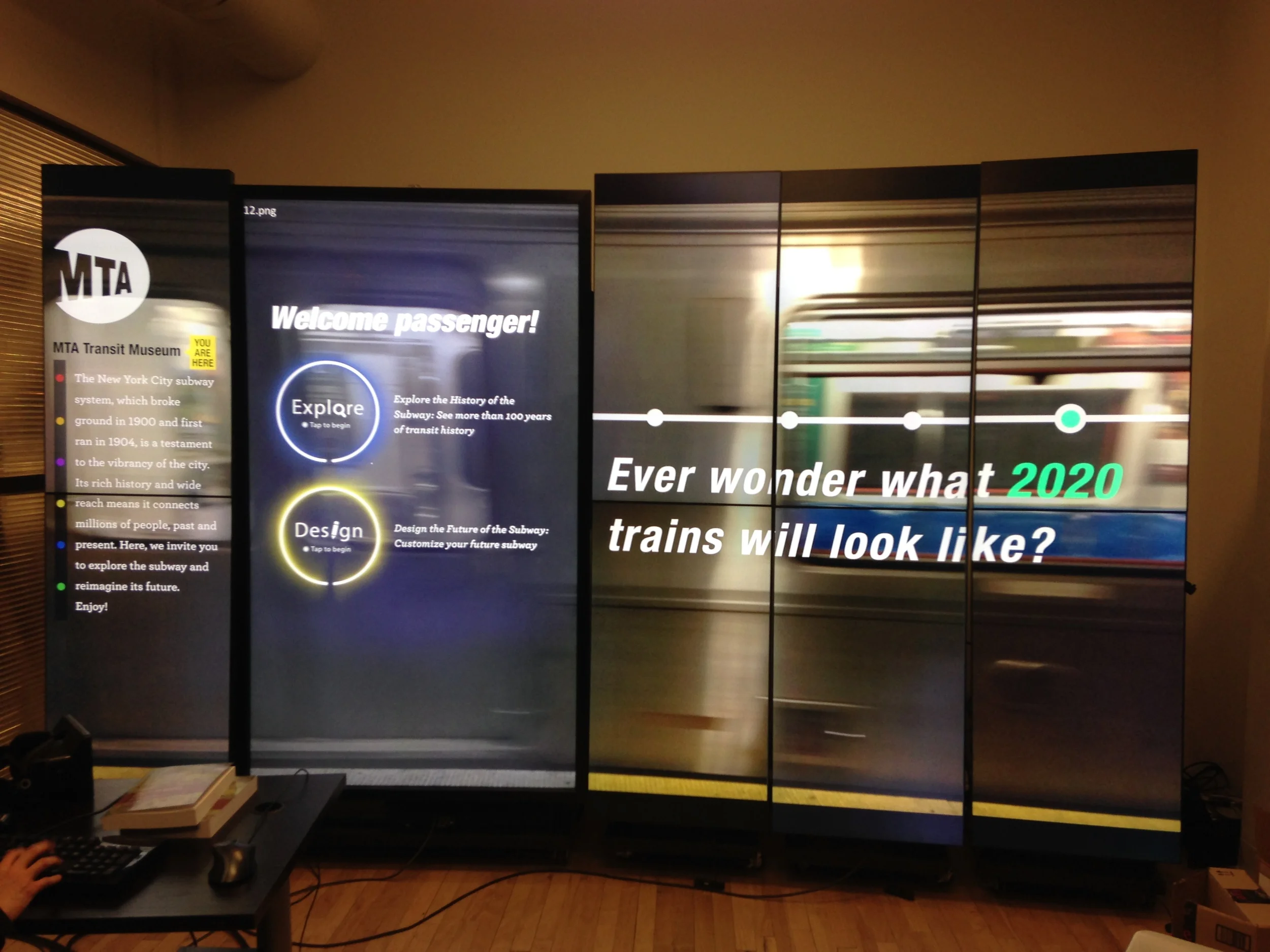  The subway slow down to stop when visitor stops in front of the screen. 