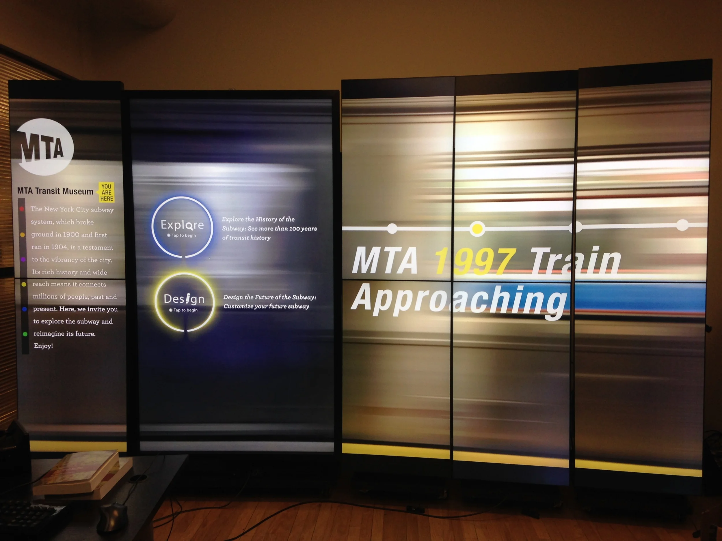  Welcome Page which&nbsp;shows explore and design menu. Background is a moving subway. 