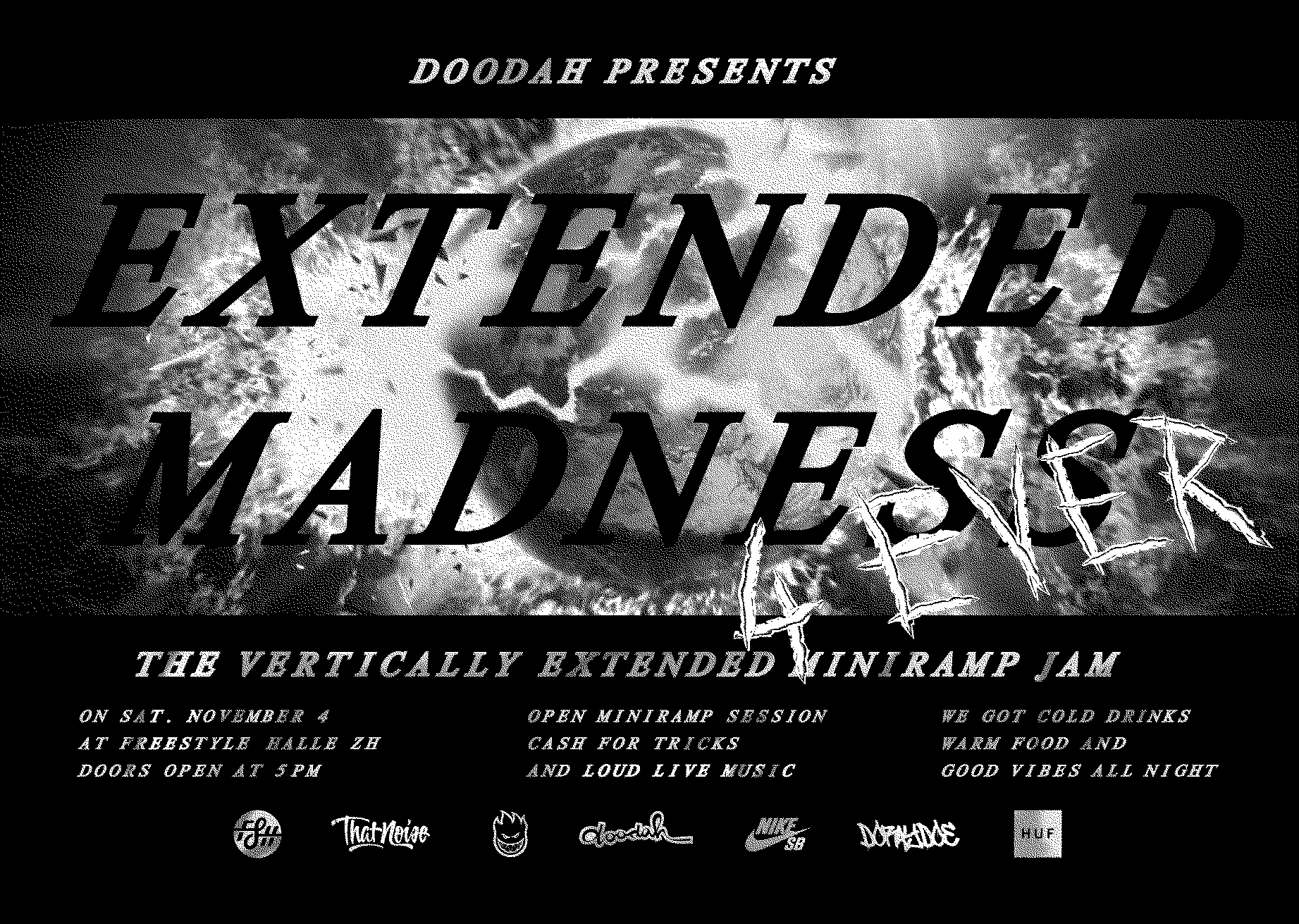 A Night of Drinks, Music and Vertically Extended Miniramp Shredding ***** From 5pm SKATE SESSION with music by DJ Pharell and others At 8pm EXTENDED MADNESS with Cash for Tricks and loud live music by The Destroyer Band After 9pm OPEN MINIRAMP AND GOOD VIBES with music by DJ Baby Val At 10pm WARRIORS FAMILY presents "Protagonist Arrogance " movie premiere ***** THE STRAIGHT AND NARROW T-SHIRT RELEASE hand painted by Gilles Jacot KUMPIR by Jan Hofer & Oliver Caveng DORAYDOE BAR ***** Proudly supported by: HUF (Link: https://www.hufworldwide.com) Spitfire (Link: http://www.spitfirewheels.com) Nike SB (Link: http://nikesbshelter.com/de/) That Noise (Link: http://thatnoise.ch/blog/) Facebook Event (Link: https://www.facebook.com/events/120792051932751/