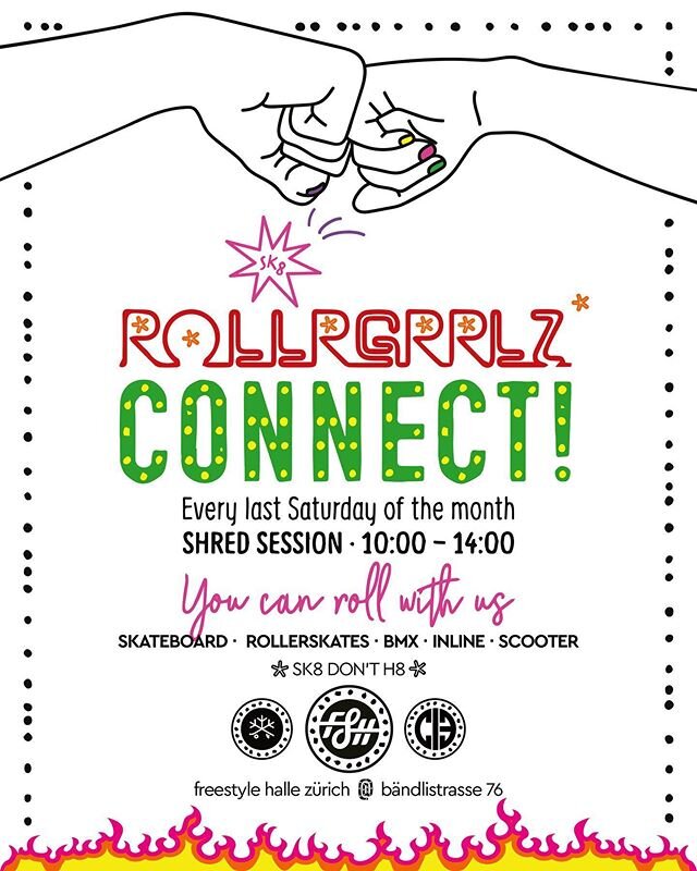 this saturday, from 10am-2.00pm:
first time after locking down- ROLLRGRRLZ* CONNECT is back!!!
every last saturday of the month
#cib #fshzh #freestylehalle  #skatergirls* #quadskating #zurich