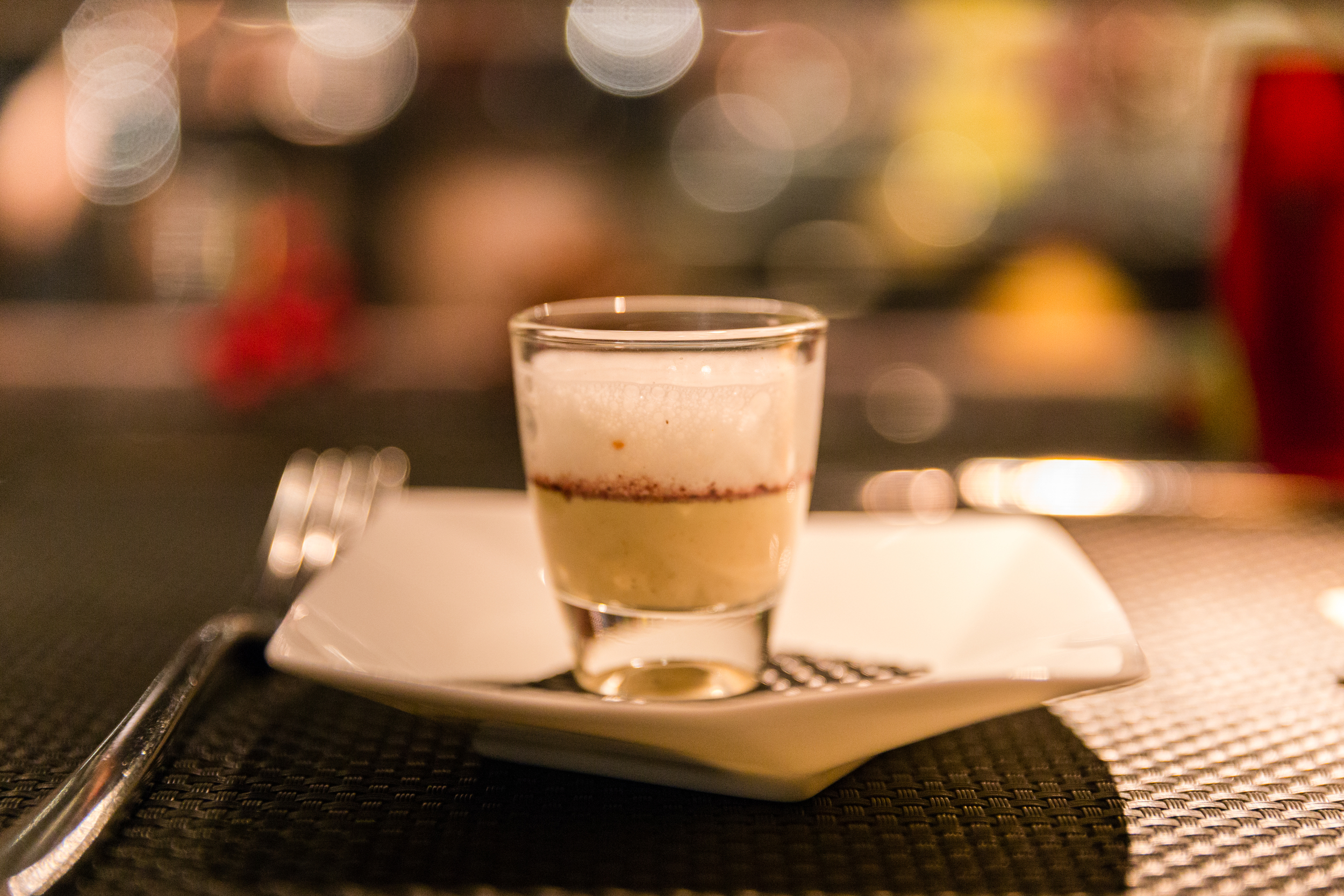 L'Amuse-Bouche - Foie gras custard with red porto wine and parmesan foam