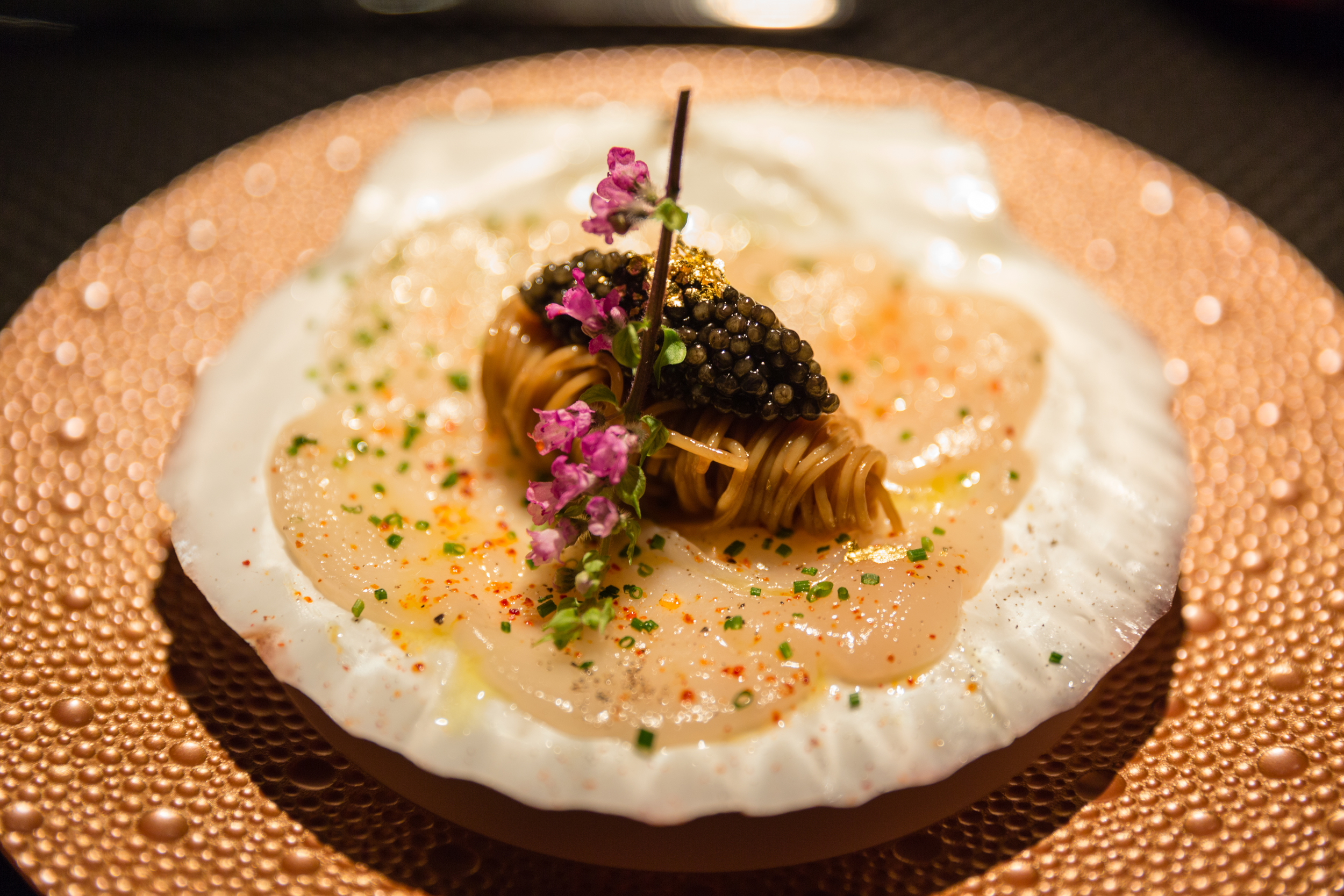 La Nox de Saint Jacques de Hokaido - Hokkaido Scallops carpaccio in duo of capellini pasta with "Imperial Caviar"
