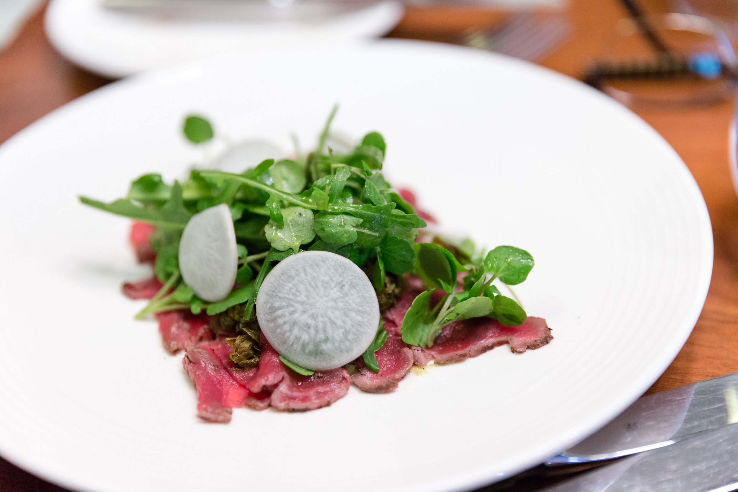 Raw Highland Estate Venison, Horseradish, Turnips and Shallot Dressing