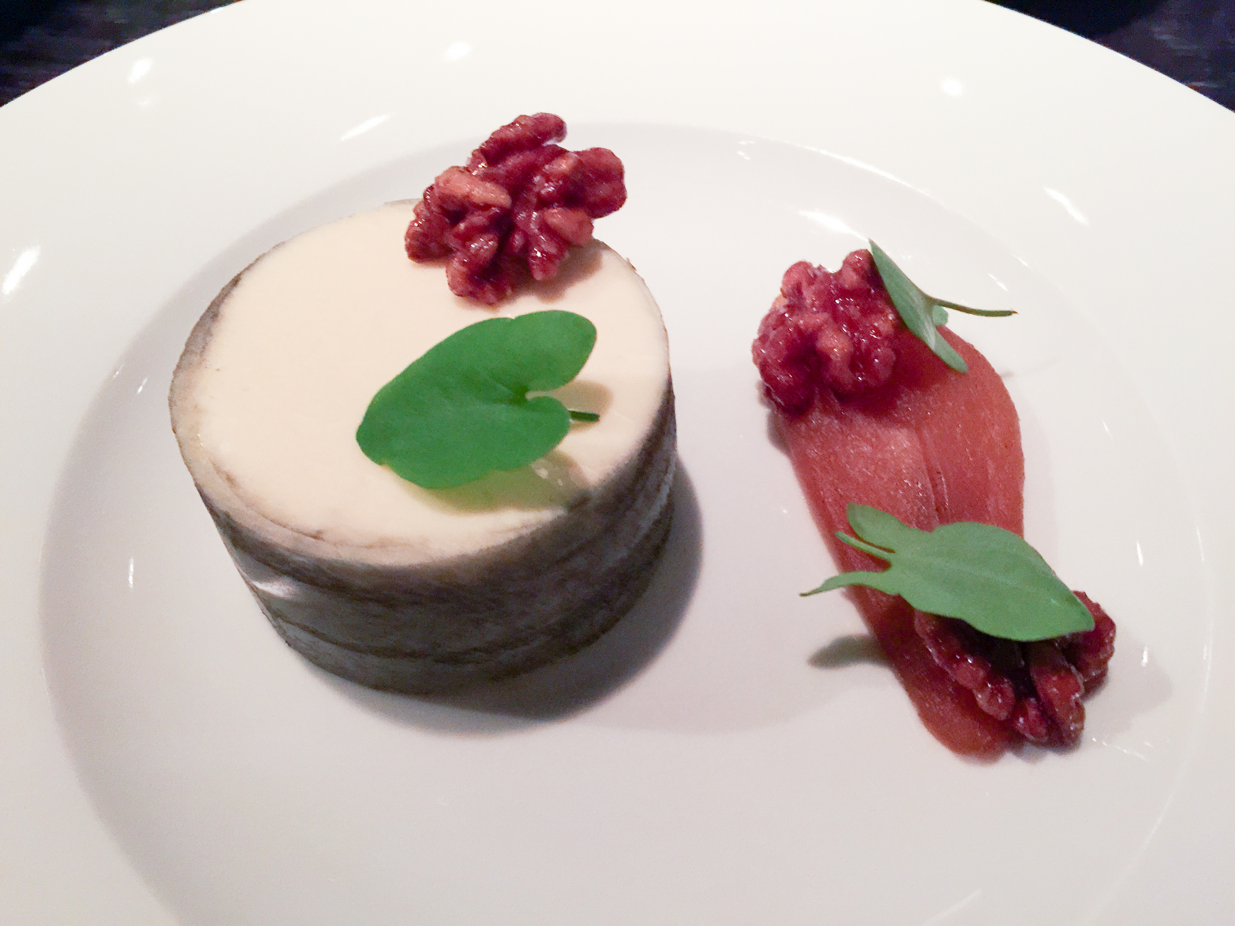 Sambocade (c.1390) - Goats milk cheesecake, elderflower & apple, perry poached pear & smoke candied walnuts